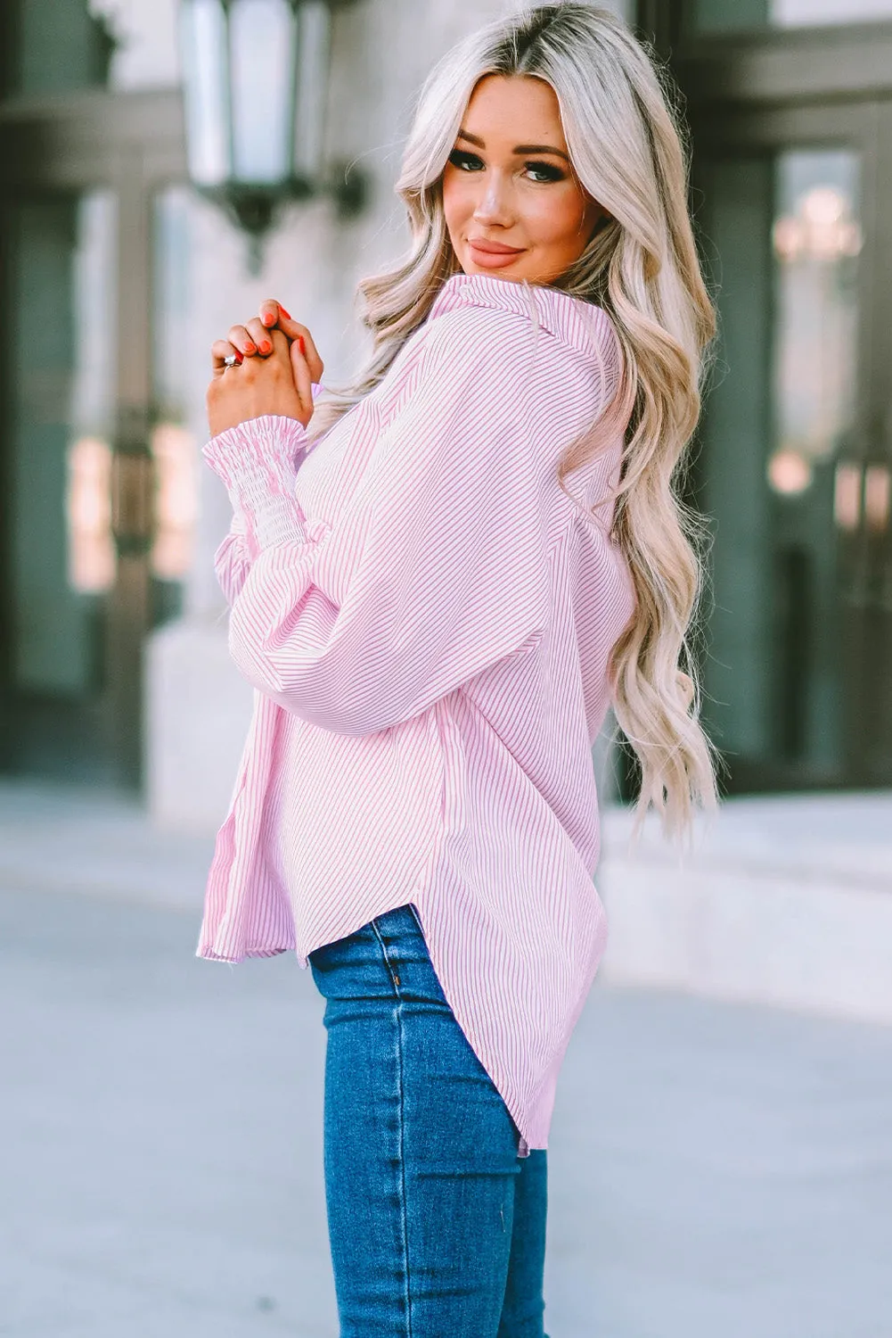 3 Striped Lantern Sleeve Collared Shirt