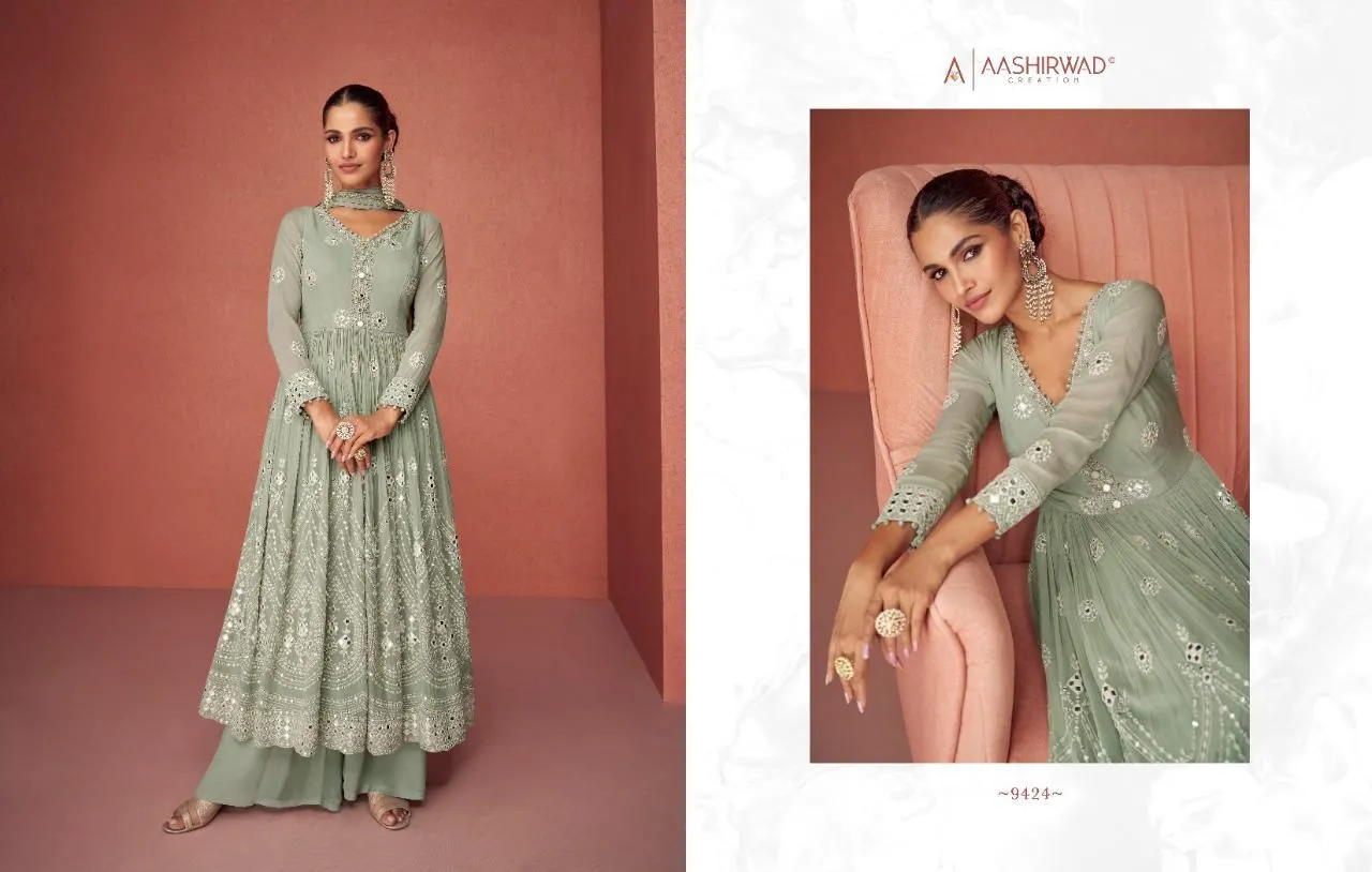 Aashirwad Aroma 9423-9427 Series Real Georgette Fancy Embroidered Salwar Suit