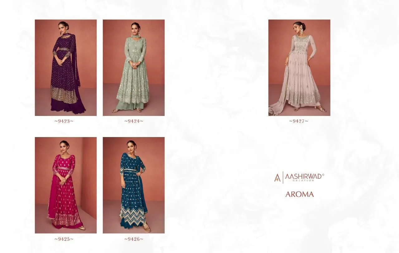 Aashirwad Aroma 9423-9427 Series Real Georgette Fancy Embroidered Salwar Suit