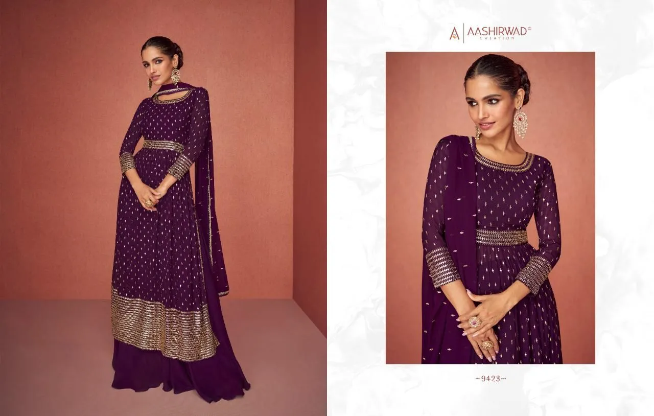 Aashirwad Aroma 9423-9427 Series Real Georgette Fancy Embroidered Salwar Suit