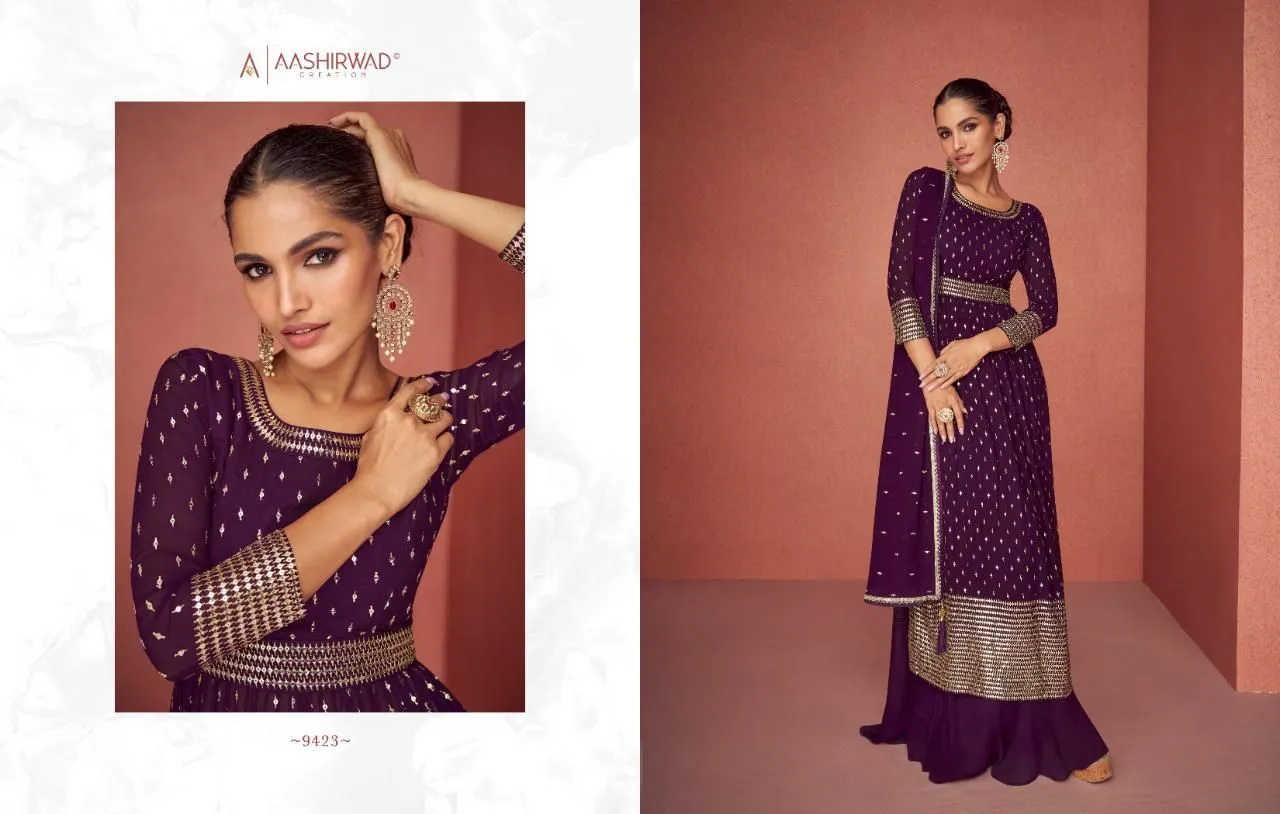 Aashirwad Aroma 9423-9427 Series Real Georgette Fancy Embroidered Salwar Suit