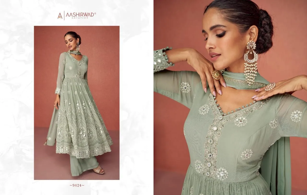 Aashirwad Aroma 9423-9427 Series Real Georgette Fancy Embroidered Salwar Suit