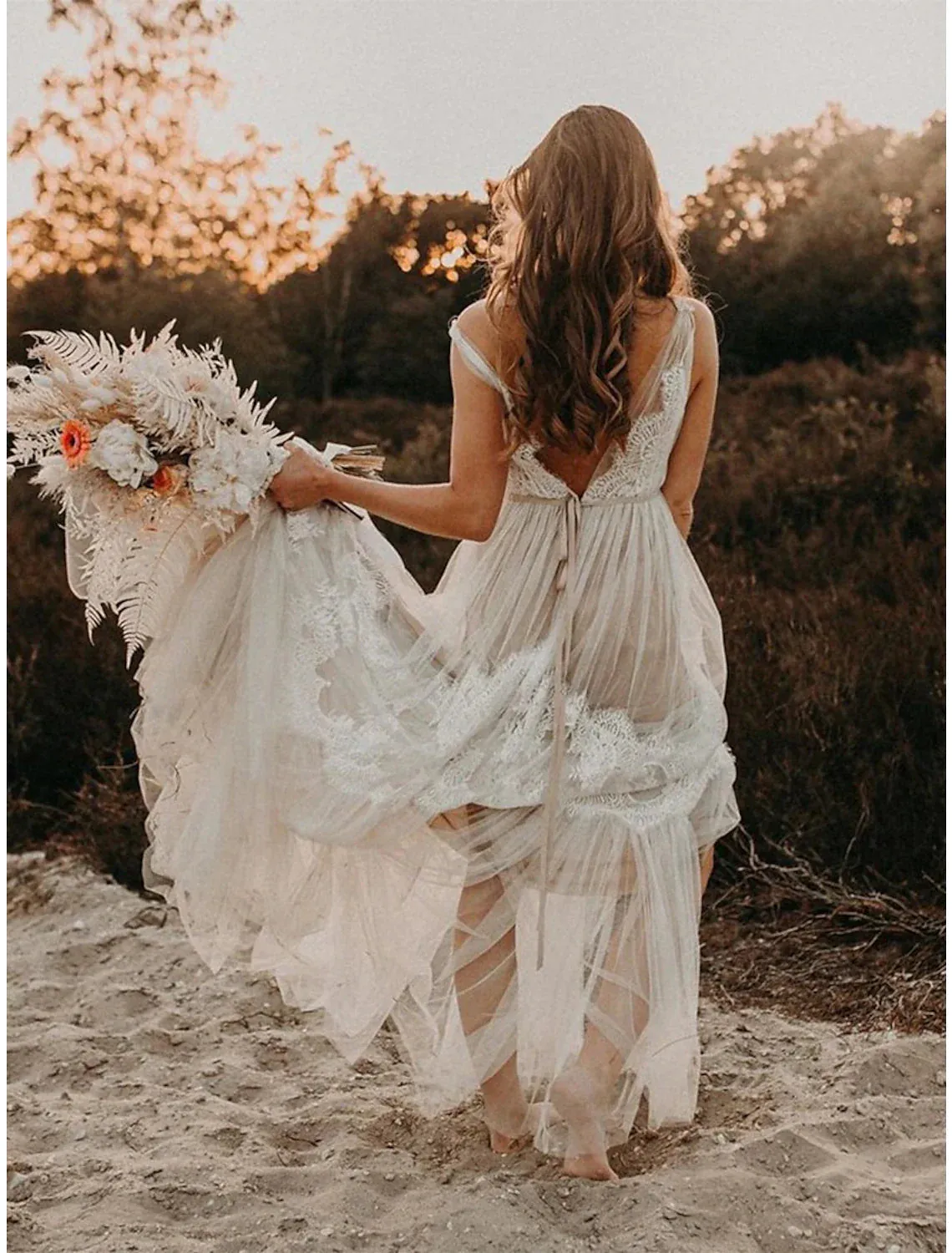 Beach Boho Wedding Dresses A-Line V Neck Sleeveless Court Train Lace Bridal Gowns With Lace Summer Fall Wedding Party , Women's Clothing