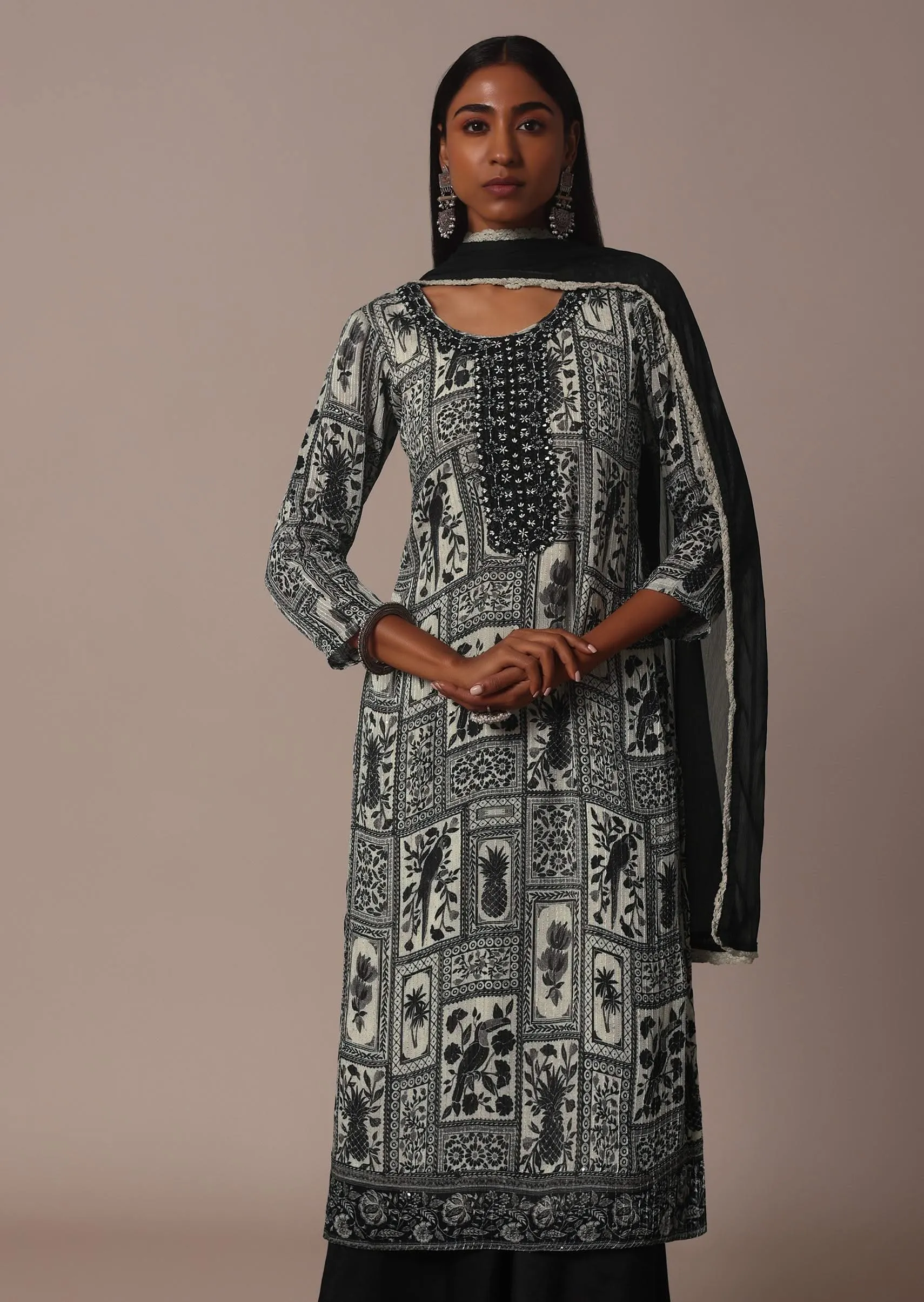 Black Printed Palazzo Set In Chiffon With Mirror Work Kurta