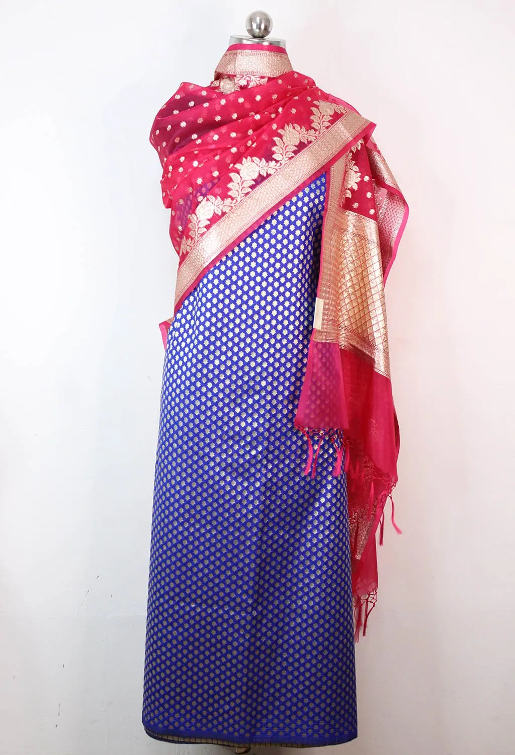 Blue Banarasi Silk Suit With Pink Banarasi Organza Dupatta