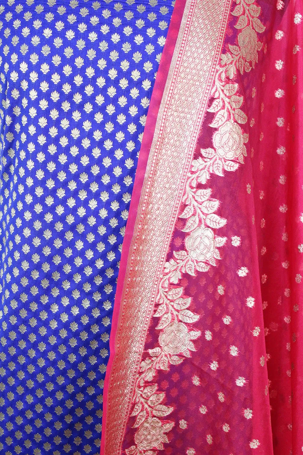 Blue Banarasi Silk Suit With Pink Banarasi Organza Dupatta