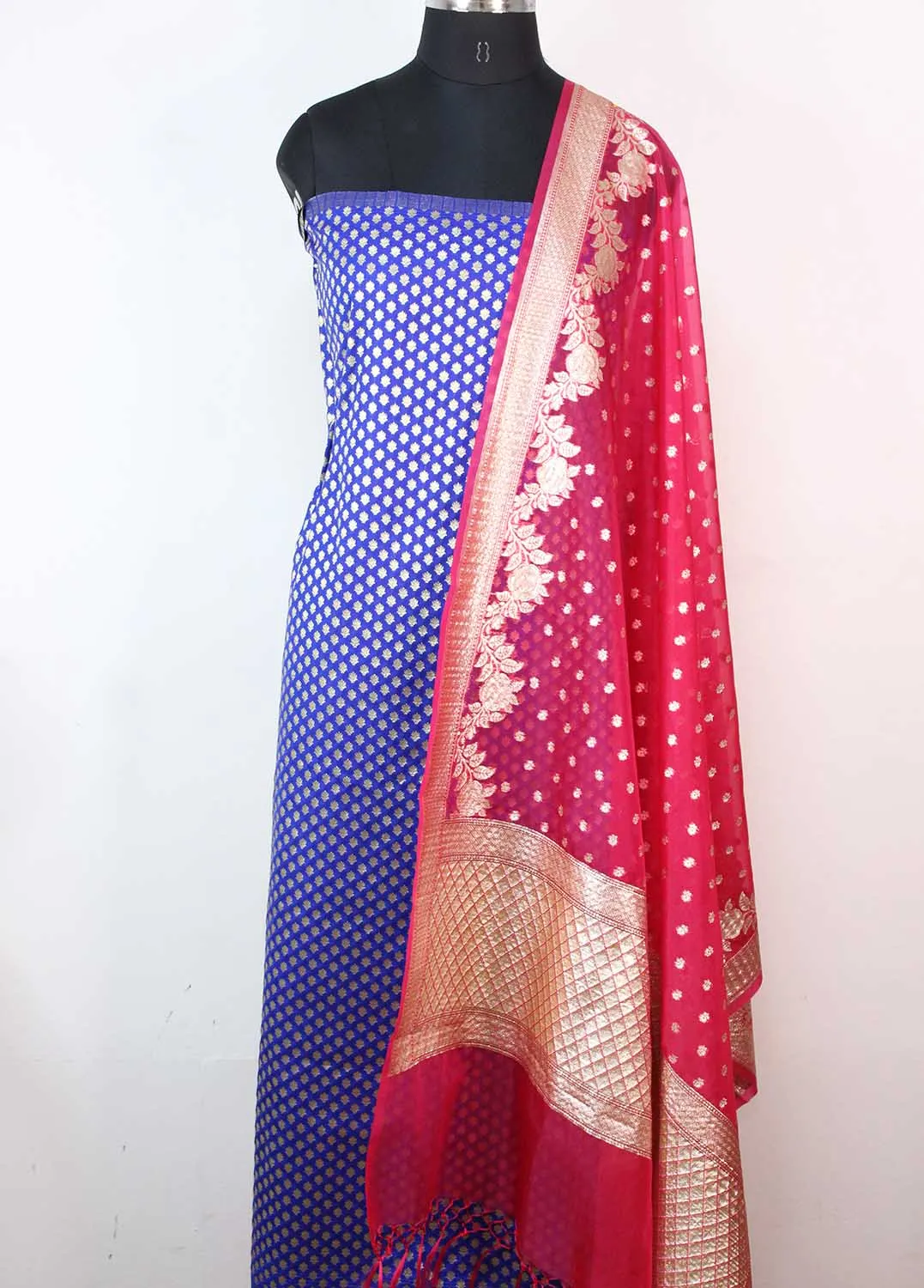 Blue Banarasi Silk Suit With Pink Banarasi Organza Dupatta