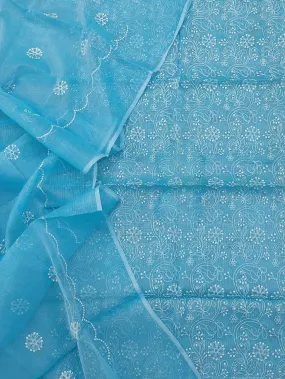 Blue Hand Embroided Kota Doria Suit With Dupatta