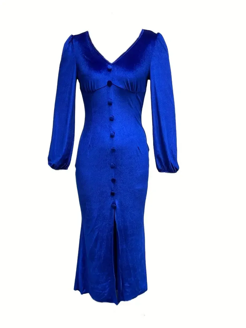 Button Front V Neck Dress, Elegant Solid Long Sleeve Party Dress, Women's Clothing XL X4773171