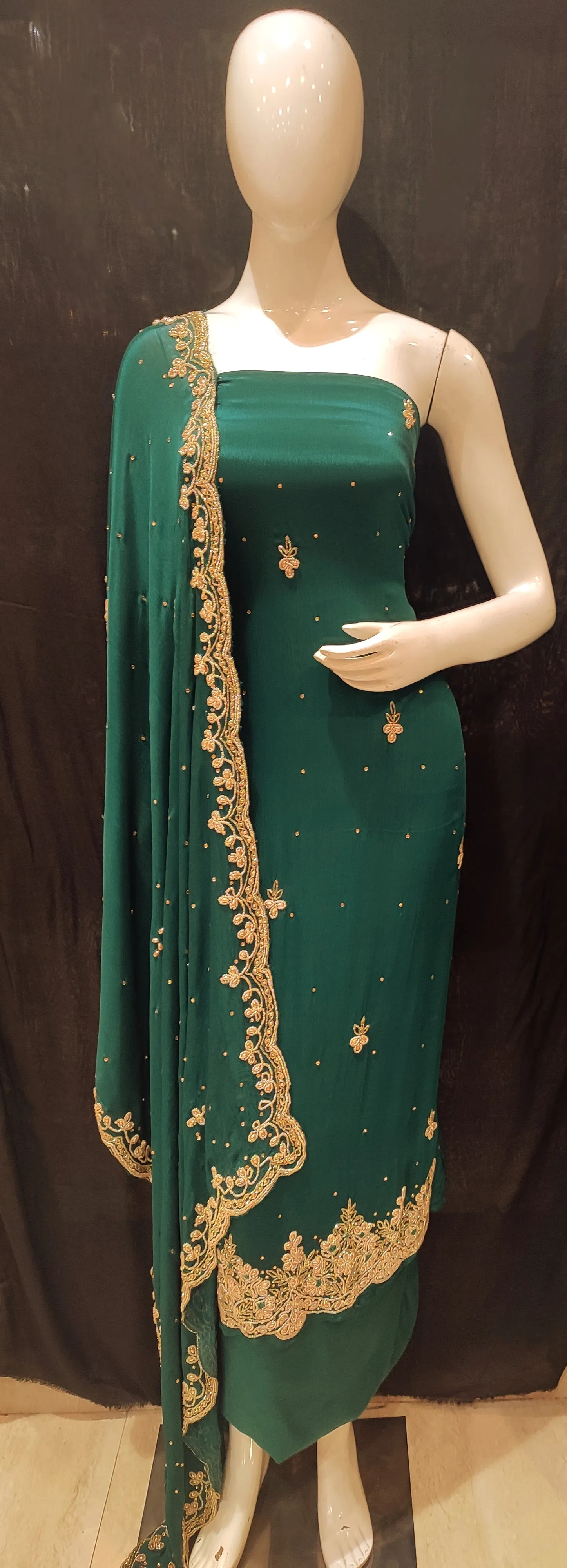 Dark Green Chinon Drape Unstitched Suit With Beads And Cutdana Handwork