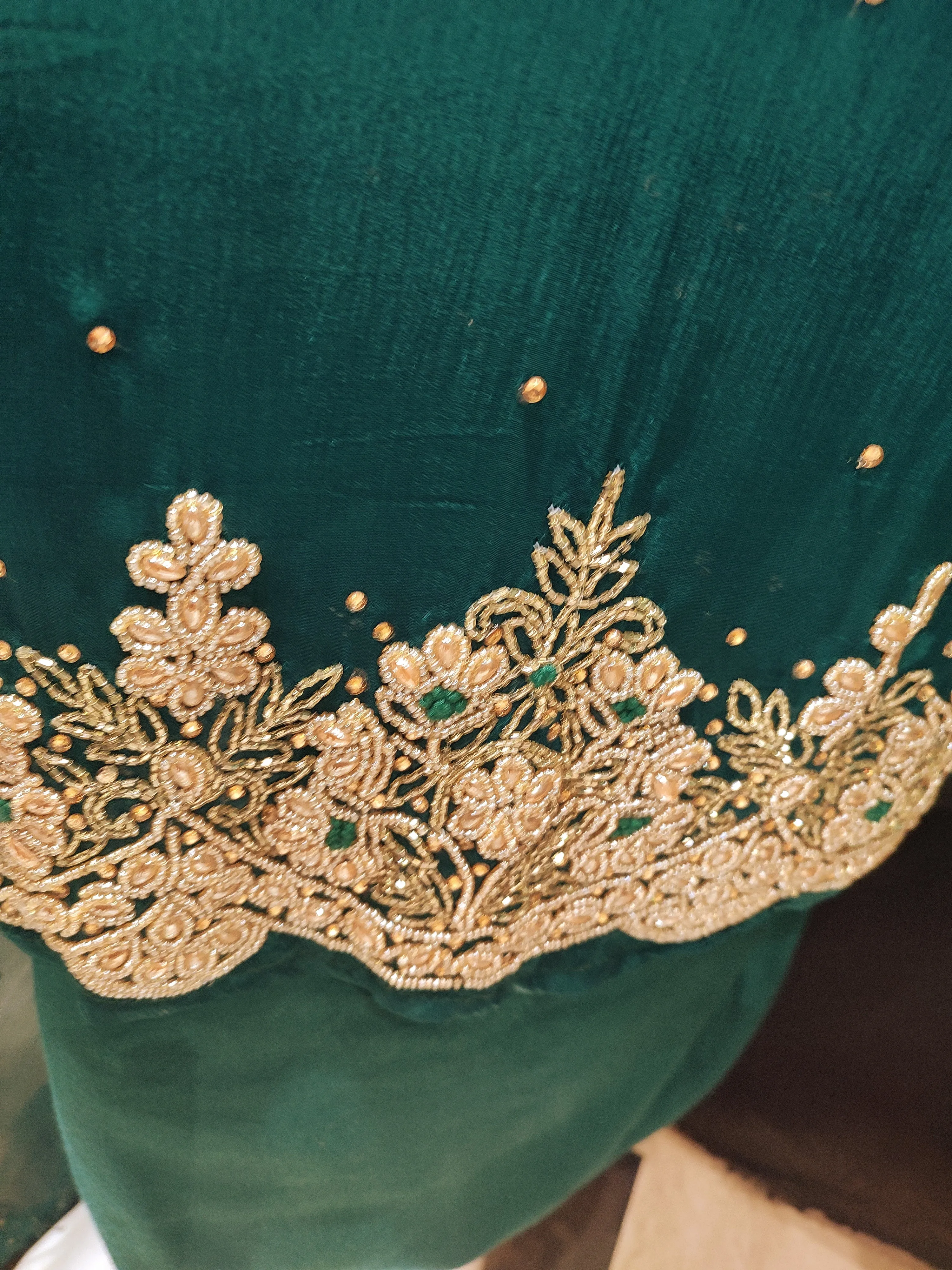 Dark Green Chinon Drape Unstitched Suit With Beads And Cutdana Handwork