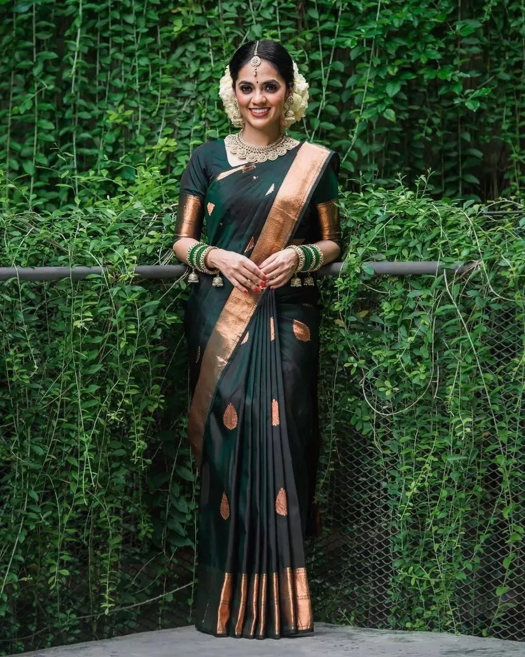 Dark Green Soft Lichi Silk Indian Beautiful Saree Blouse