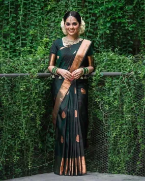 Dark Green Soft Lichi Silk Indian Beautiful Saree Blouse