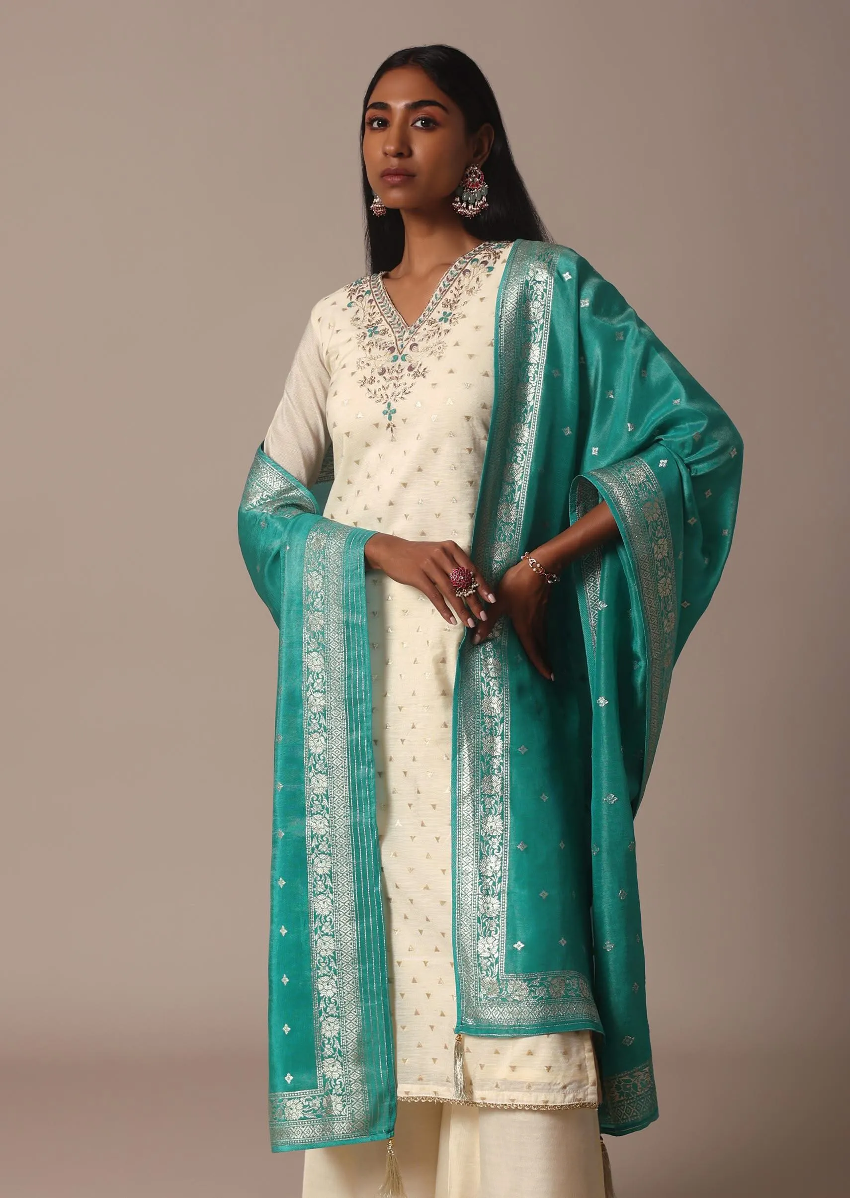 Green Banarasi Silk Chanderi Palazzo Set With Gold Weave