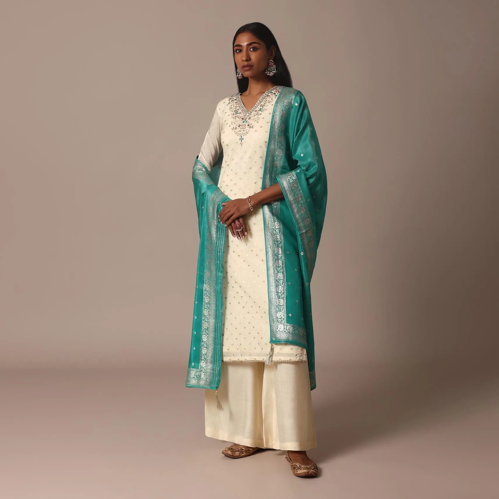 Green Banarasi Silk Chanderi Palazzo Set With Gold Weave