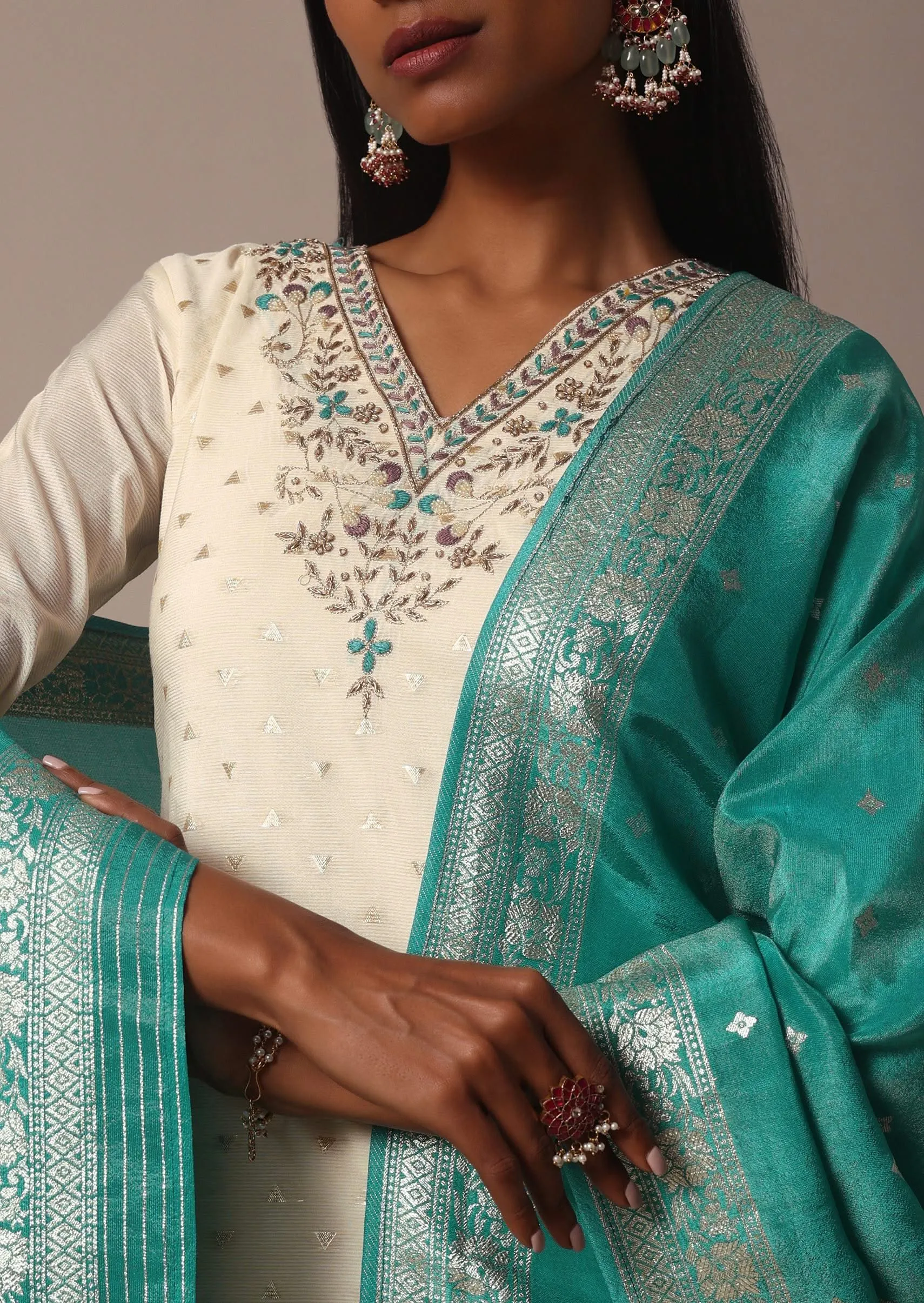Green Banarasi Silk Chanderi Palazzo Set With Gold Weave