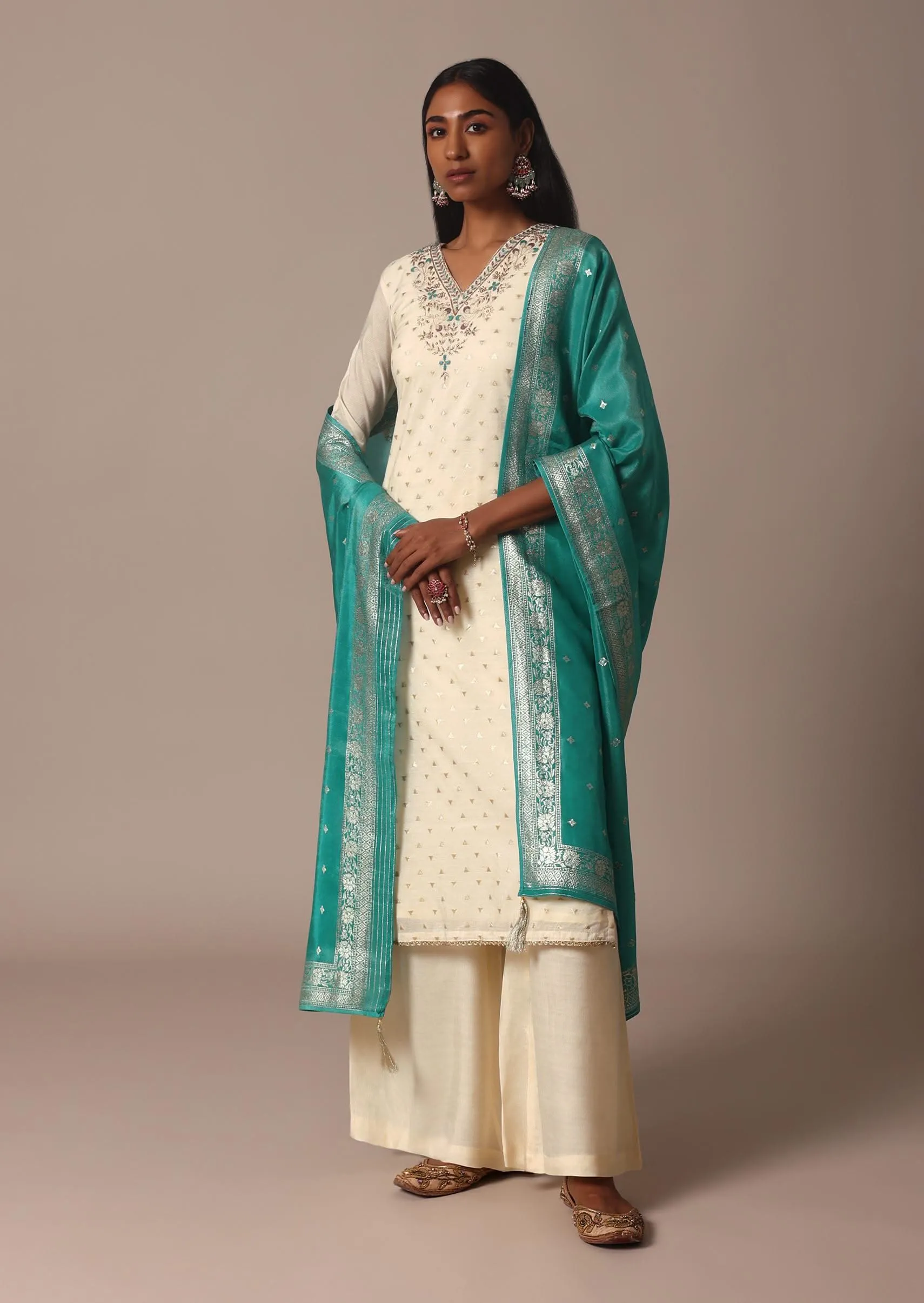 Green Banarasi Silk Chanderi Palazzo Set With Gold Weave