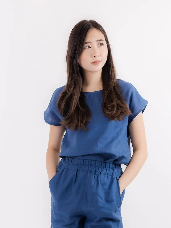 Linen Short Sleeve Top in Dark Blue