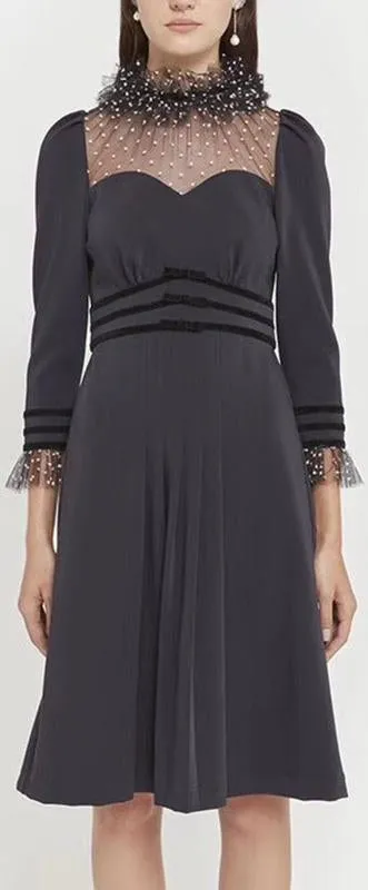 'Lucille' French Dotted Tulle High-Collar Dress in Black