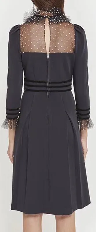 'Lucille' French Dotted Tulle High-Collar Dress in Black