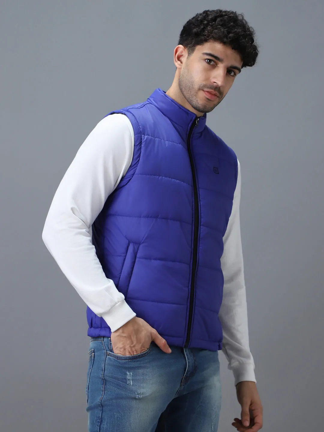 Men's Blue Sleeveless Zippered Puffer Jacket