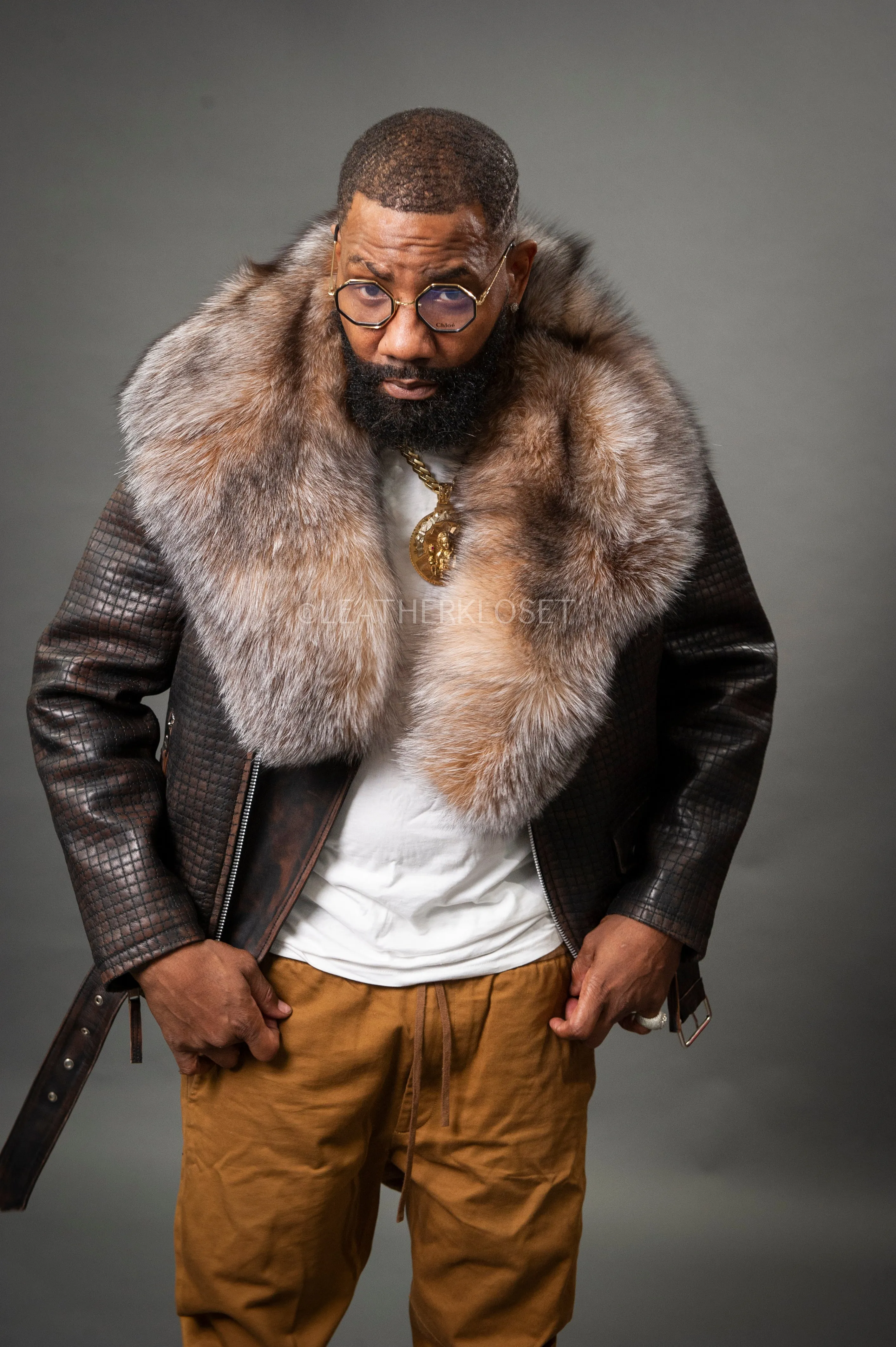 Men's Box Biker Copper Leather Full Fox Fur Collar [Slim-Fit]