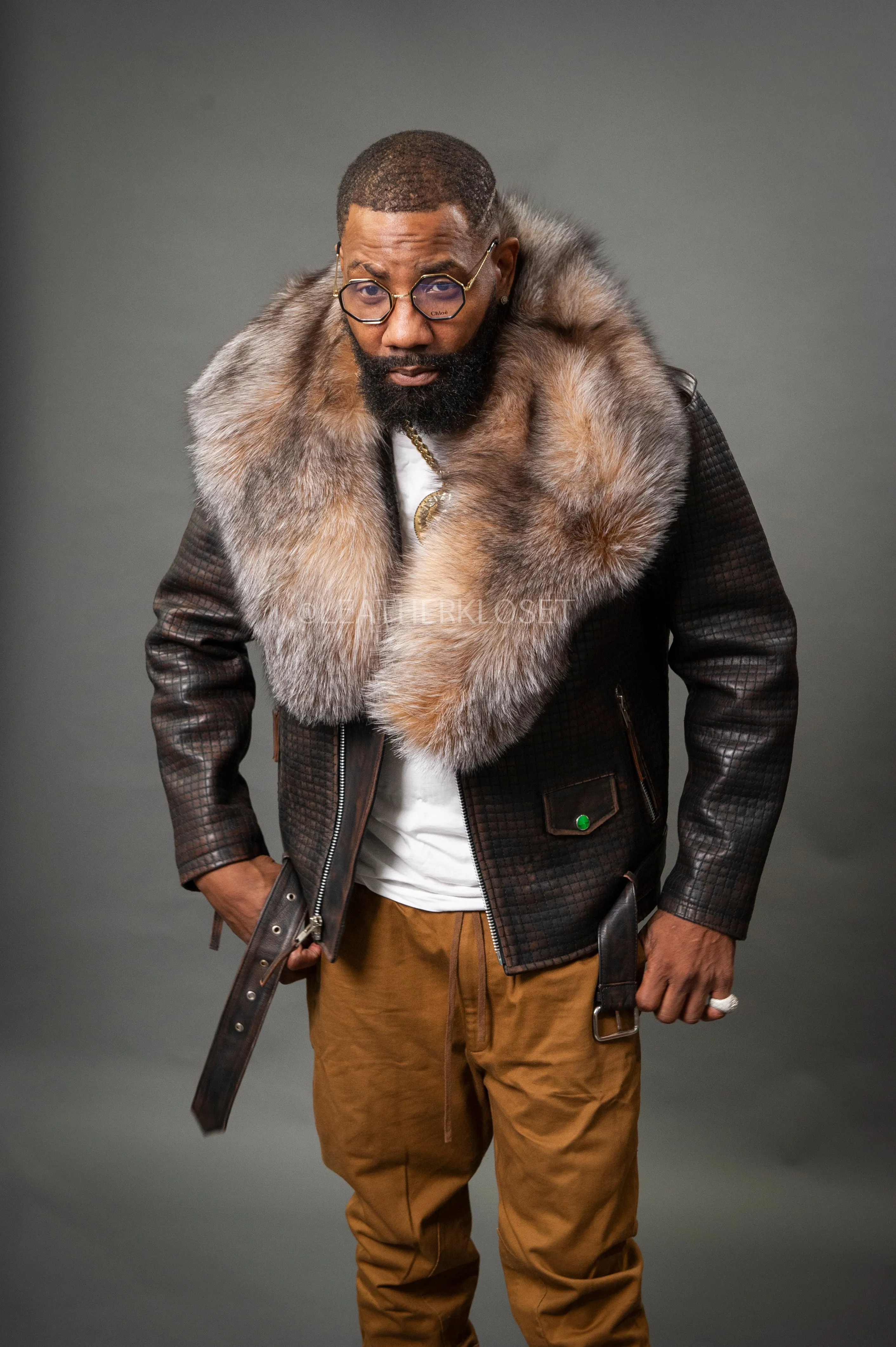 Men's Box Biker Copper Leather Full Fox Fur Collar [Slim-Fit]