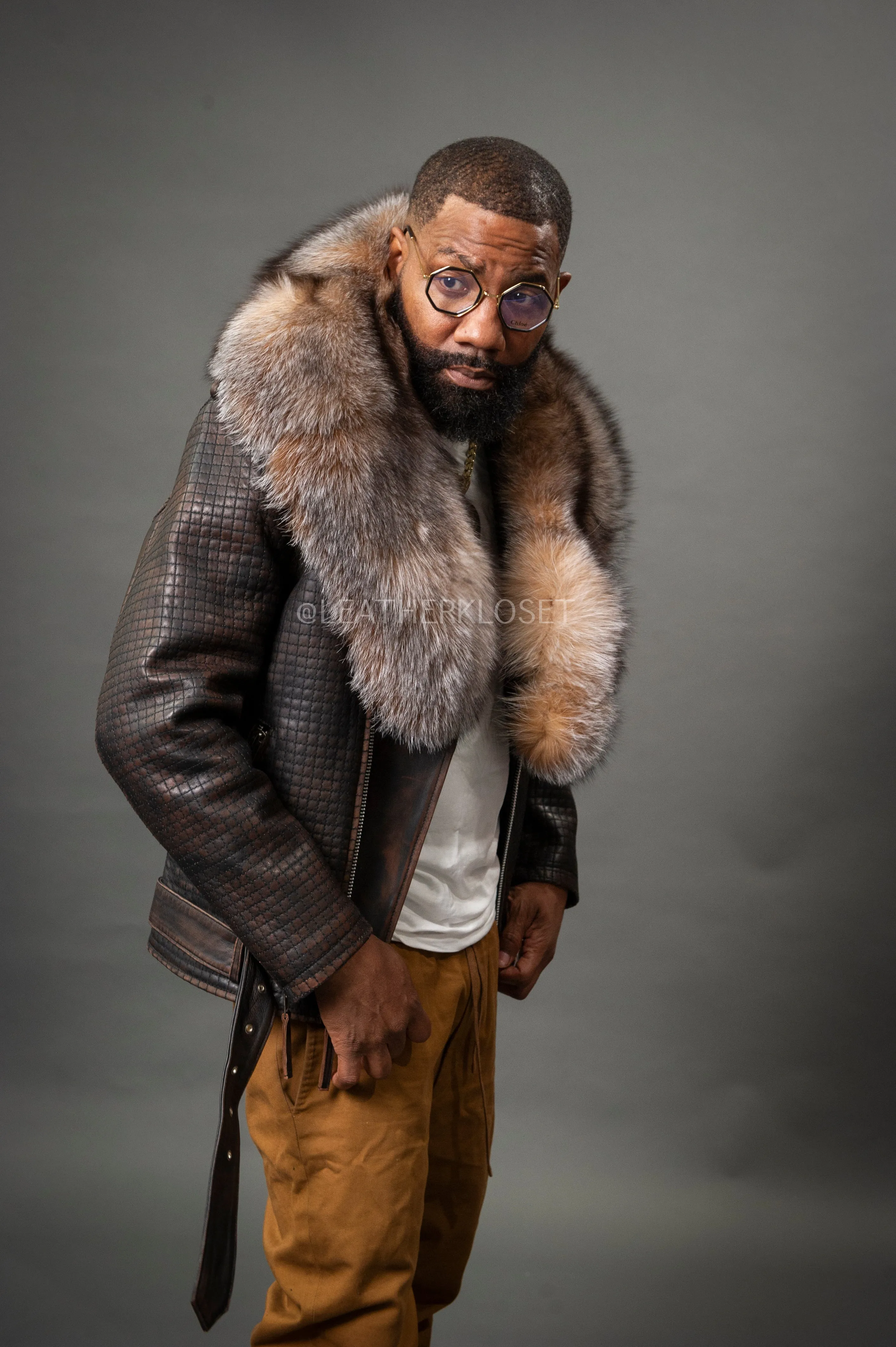 Men's Box Biker Copper Leather Full Fox Fur Collar [Slim-Fit]