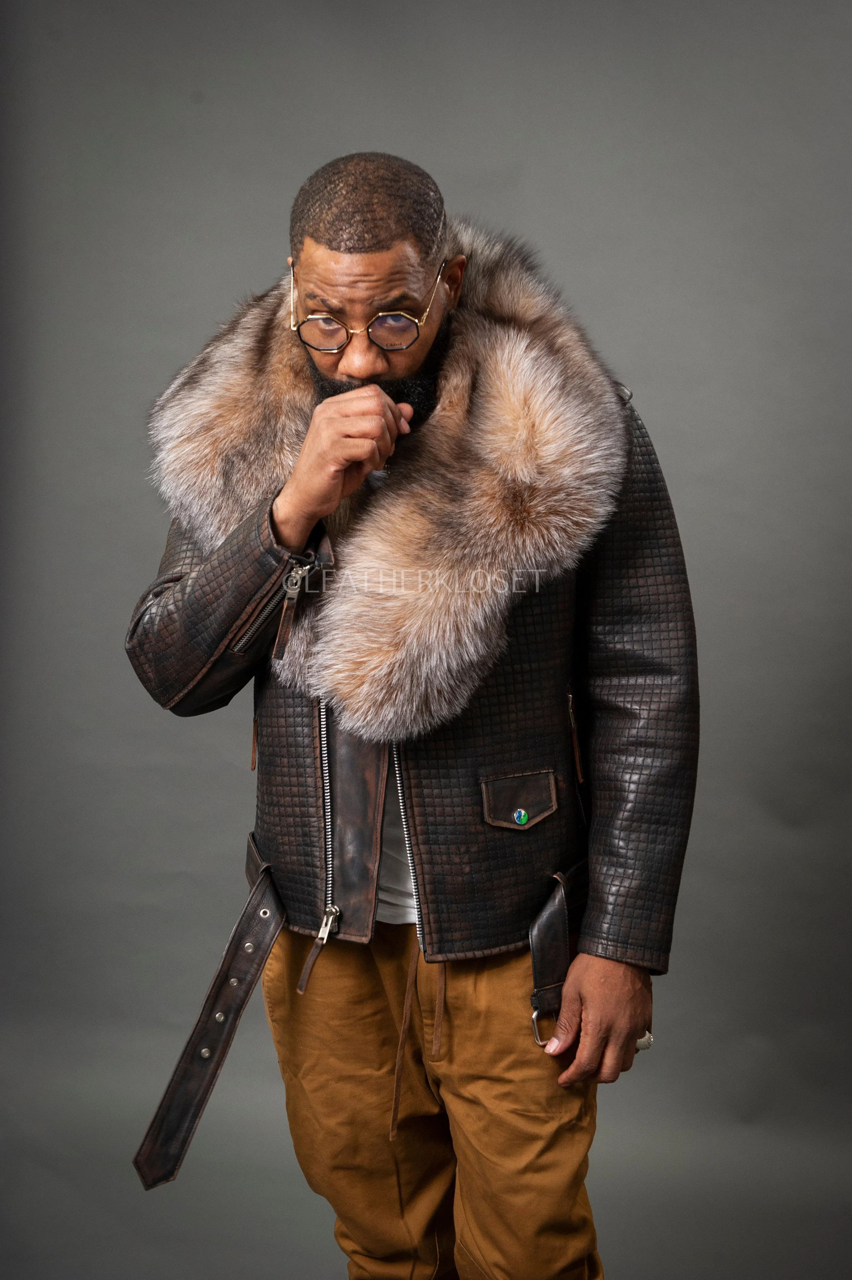 Men's Box Biker Copper Leather Full Fox Fur Collar [Slim-Fit]