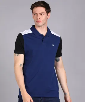 Men's Dark Blue, Black, White Colour-Block Slim Fit Half Sleeve Cotton Polo T-Shirt