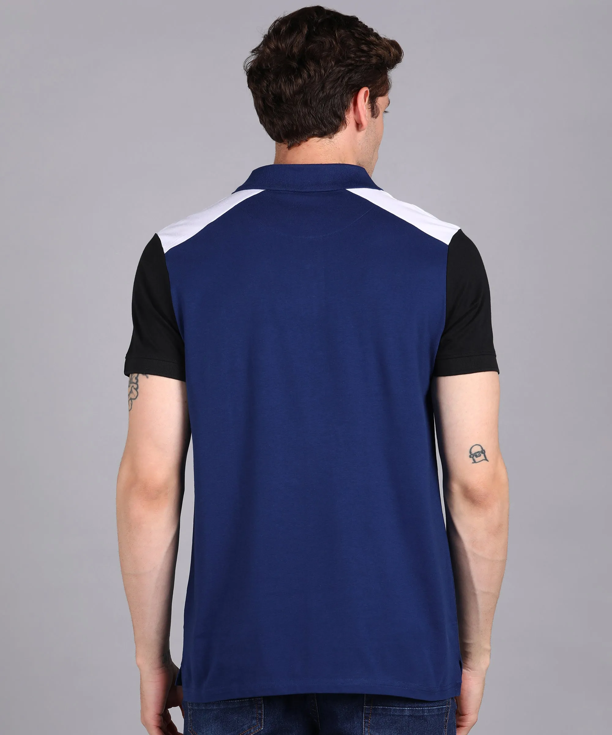 Men's Dark Blue, Black, White Colour-Block Slim Fit Half Sleeve Cotton Polo T-Shirt