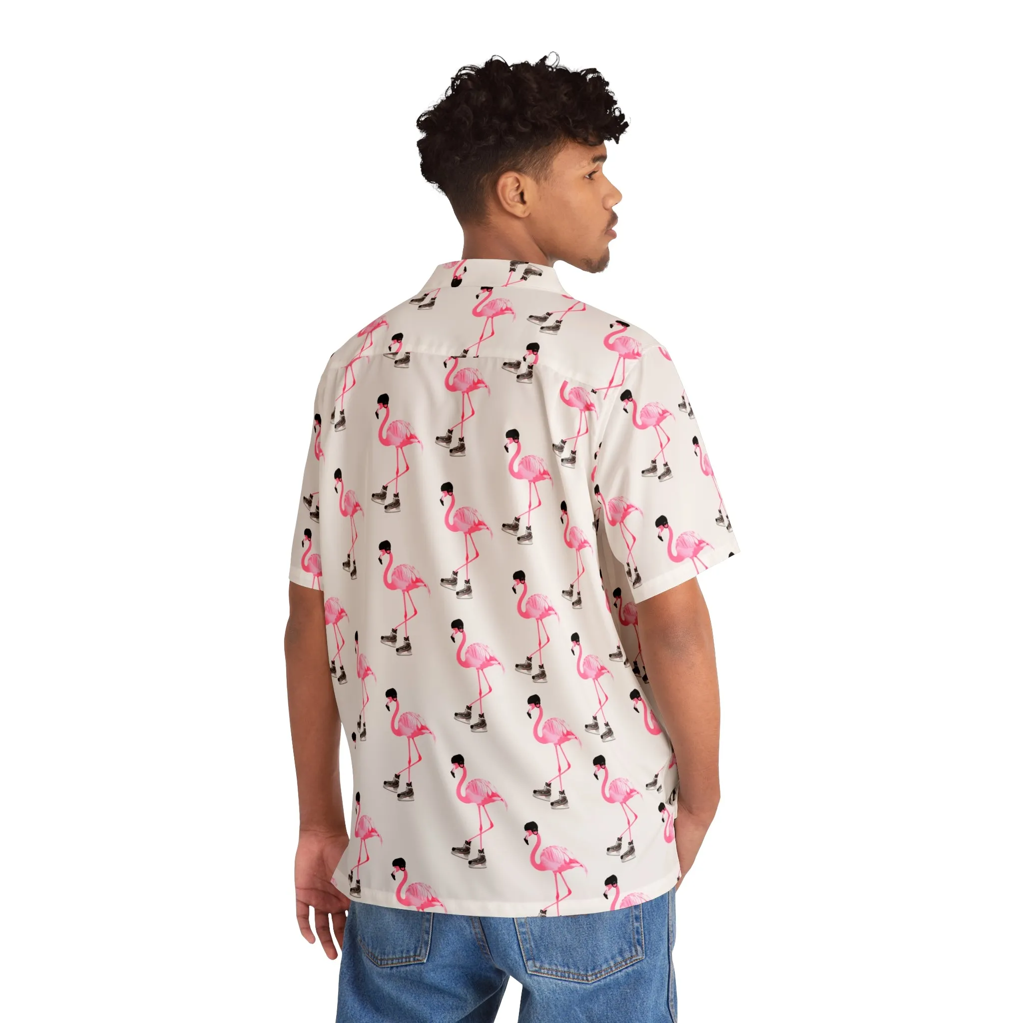 Men's Hockey Playing Flamingo Hawaiian Shirt