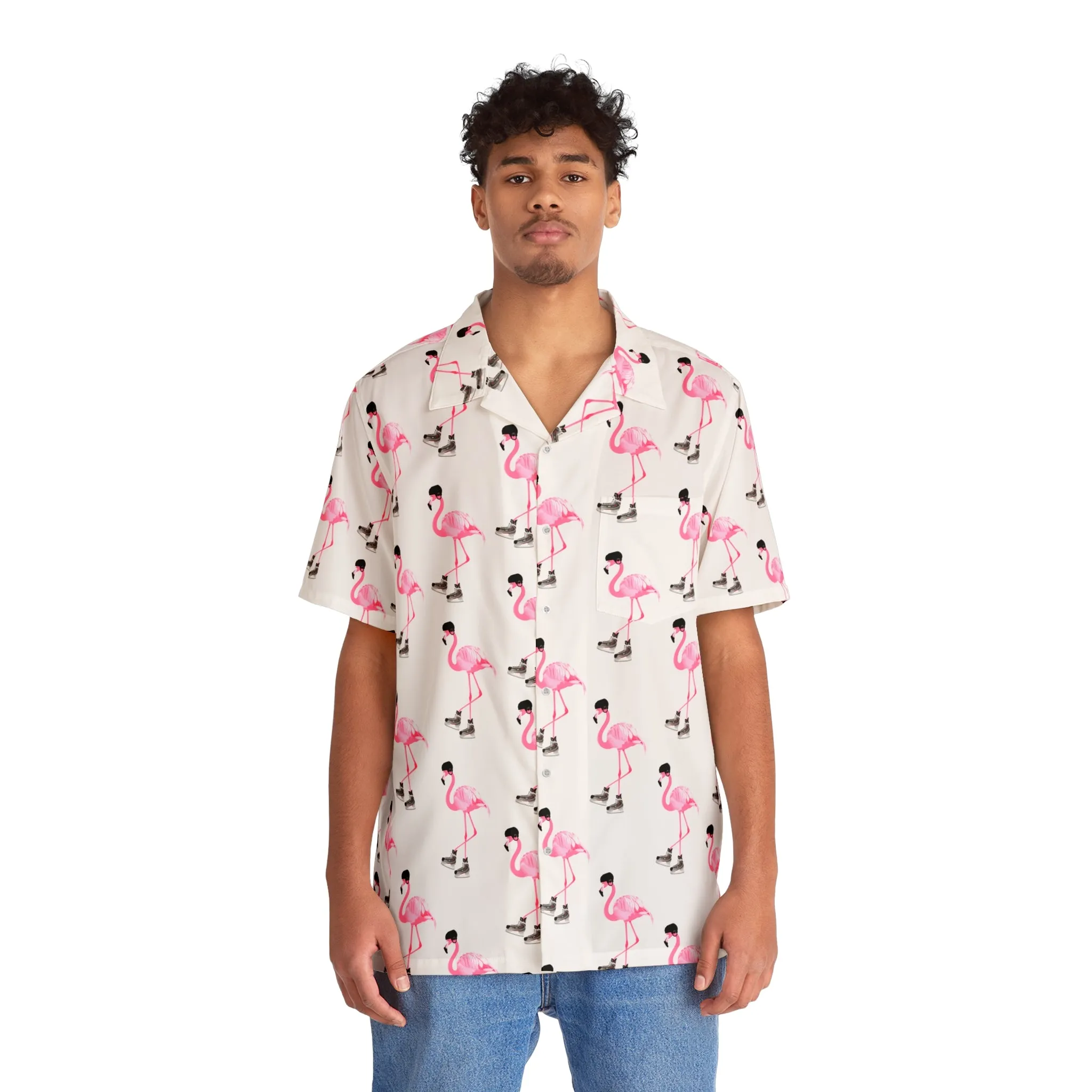 Men's Hockey Playing Flamingo Hawaiian Shirt