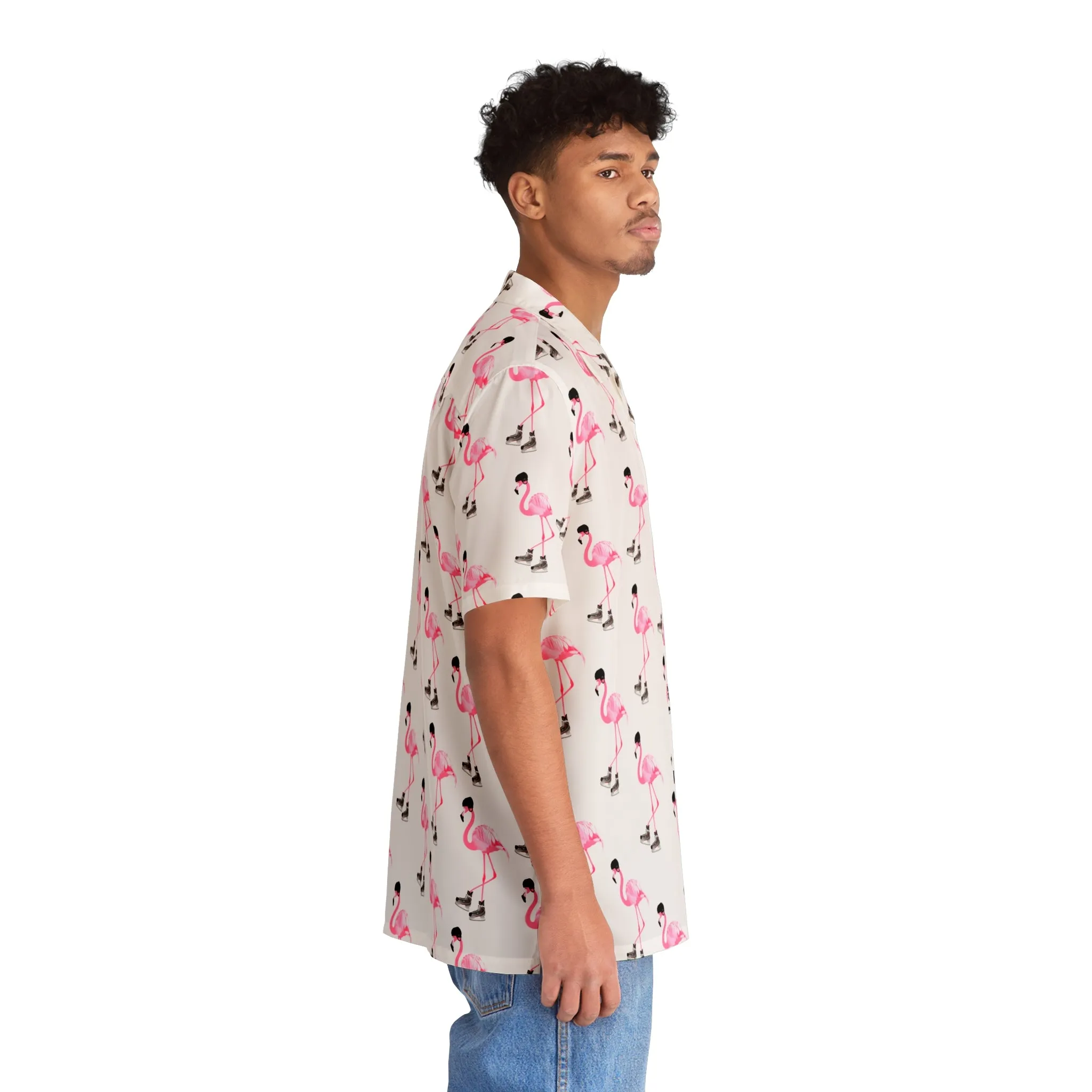 Men's Hockey Playing Flamingo Hawaiian Shirt
