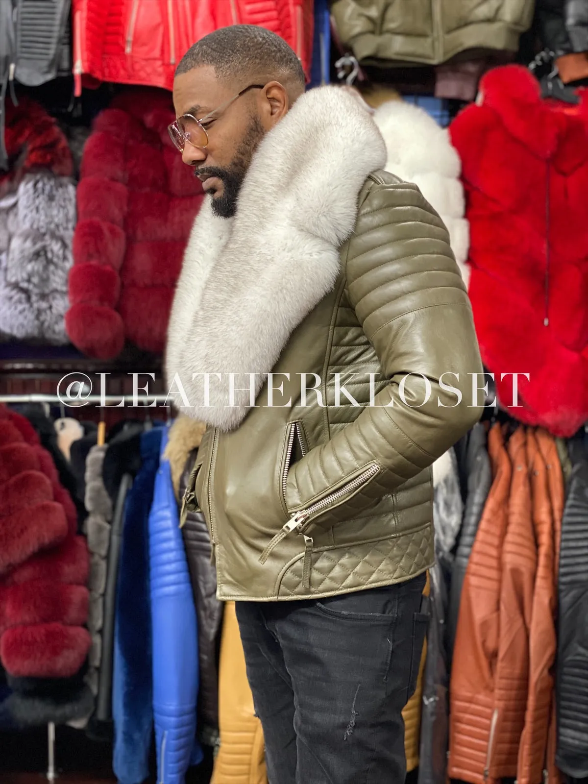 Men's Jay Biker Olive Green With Full Fox Fur Collar