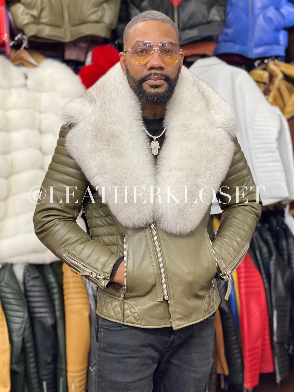 Men's Jay Biker Olive Green With Full Fox Fur Collar