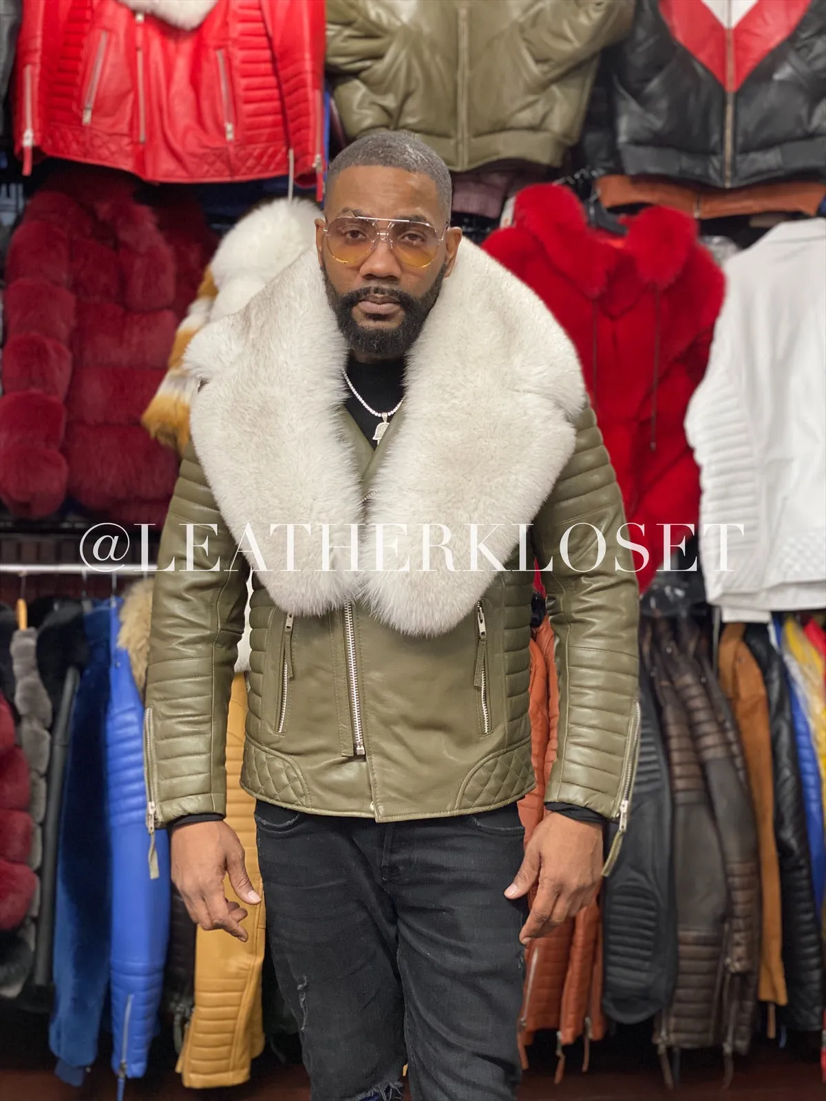 Men's Jay Biker Olive Green With Full Fox Fur Collar