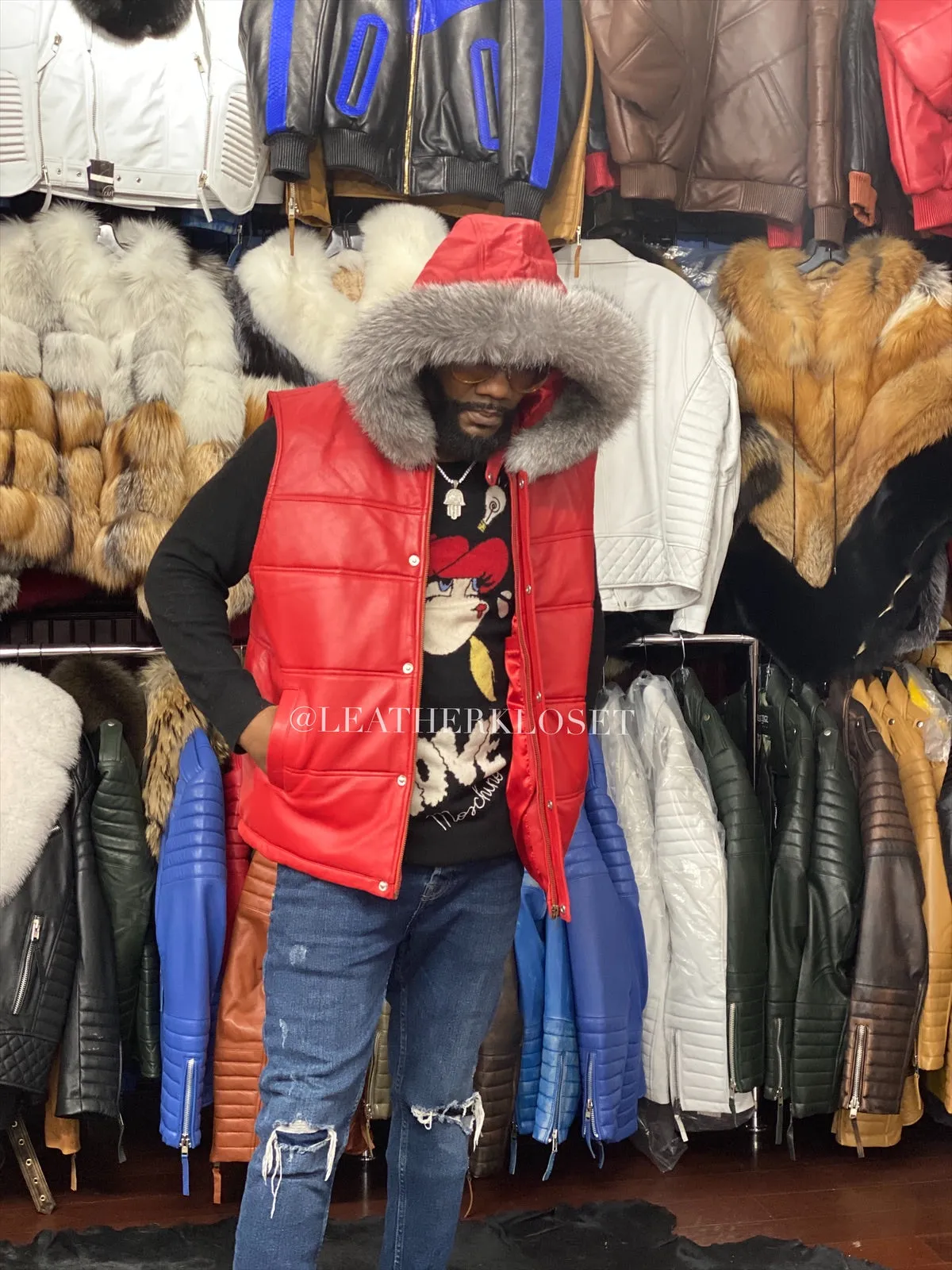 Men's Leather Bubble Vest With Premium Fox Fur Hood