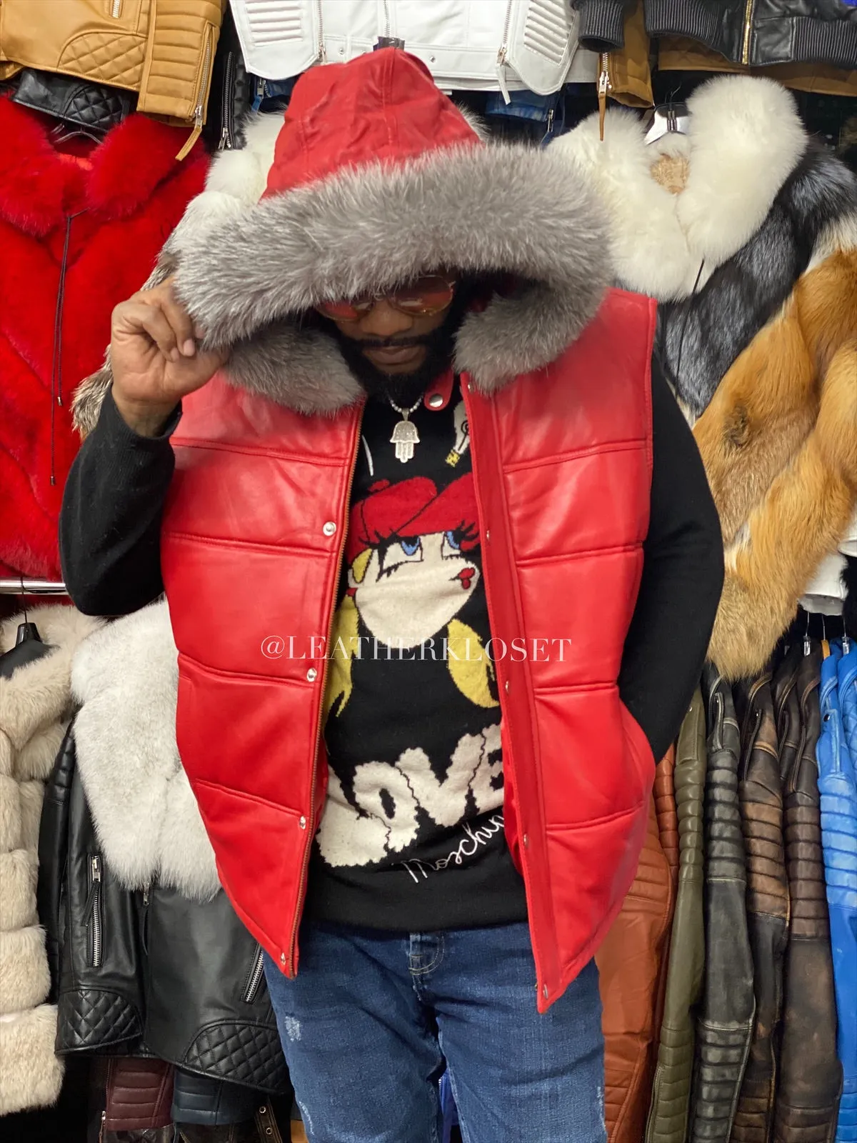 Men's Leather Bubble Vest With Premium Fox Fur Hood