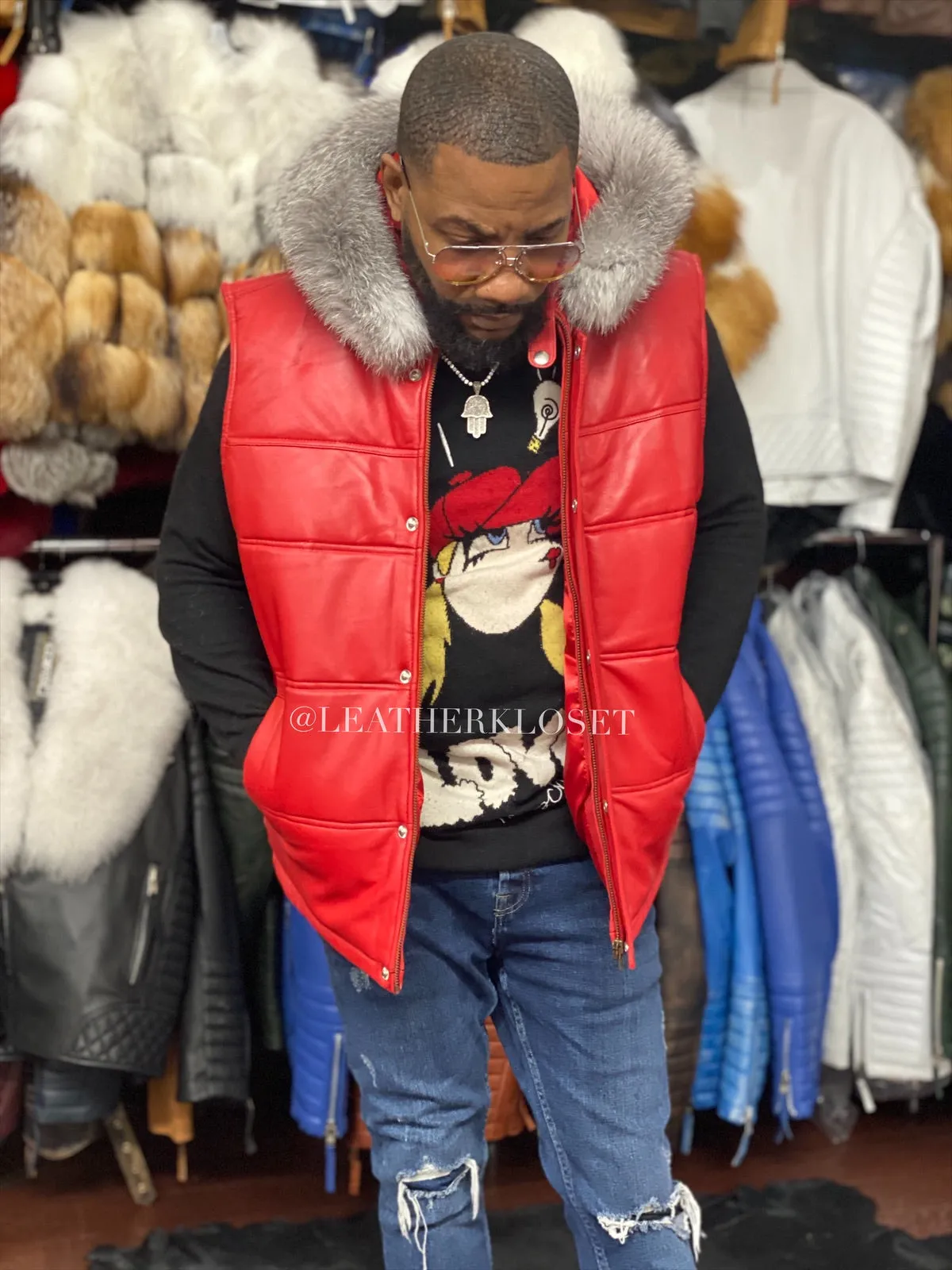 Men's Leather Bubble Vest With Premium Fox Fur Hood