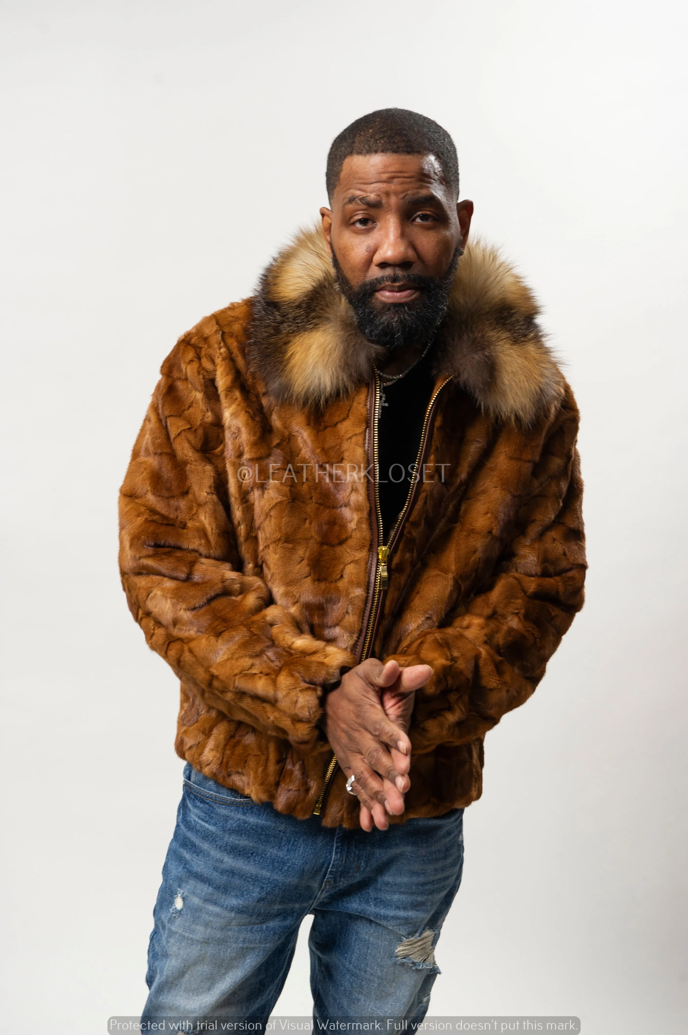 Men's Mink with Fox Fur Bomber Jacket [Whiskey]