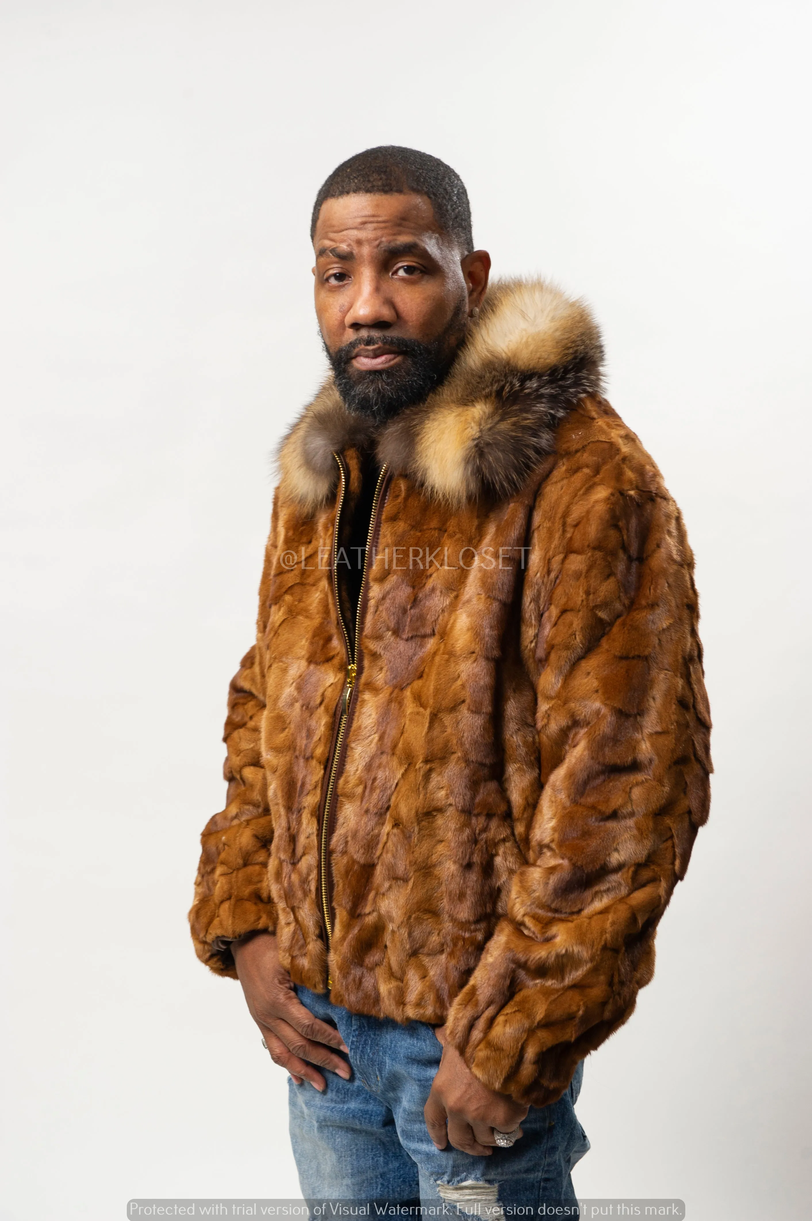 Men's Mink with Fox Fur Bomber Jacket [Whiskey]