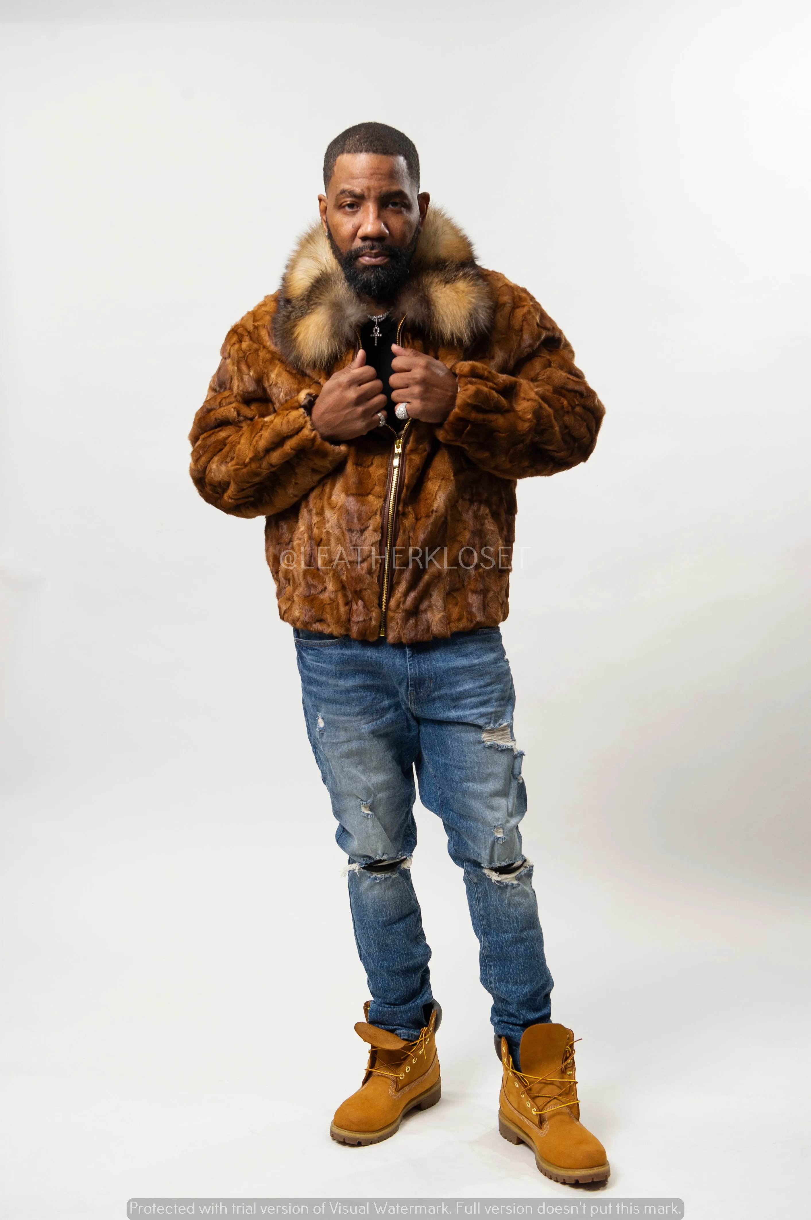 Men's Mink with Fox Fur Bomber Jacket [Whiskey]