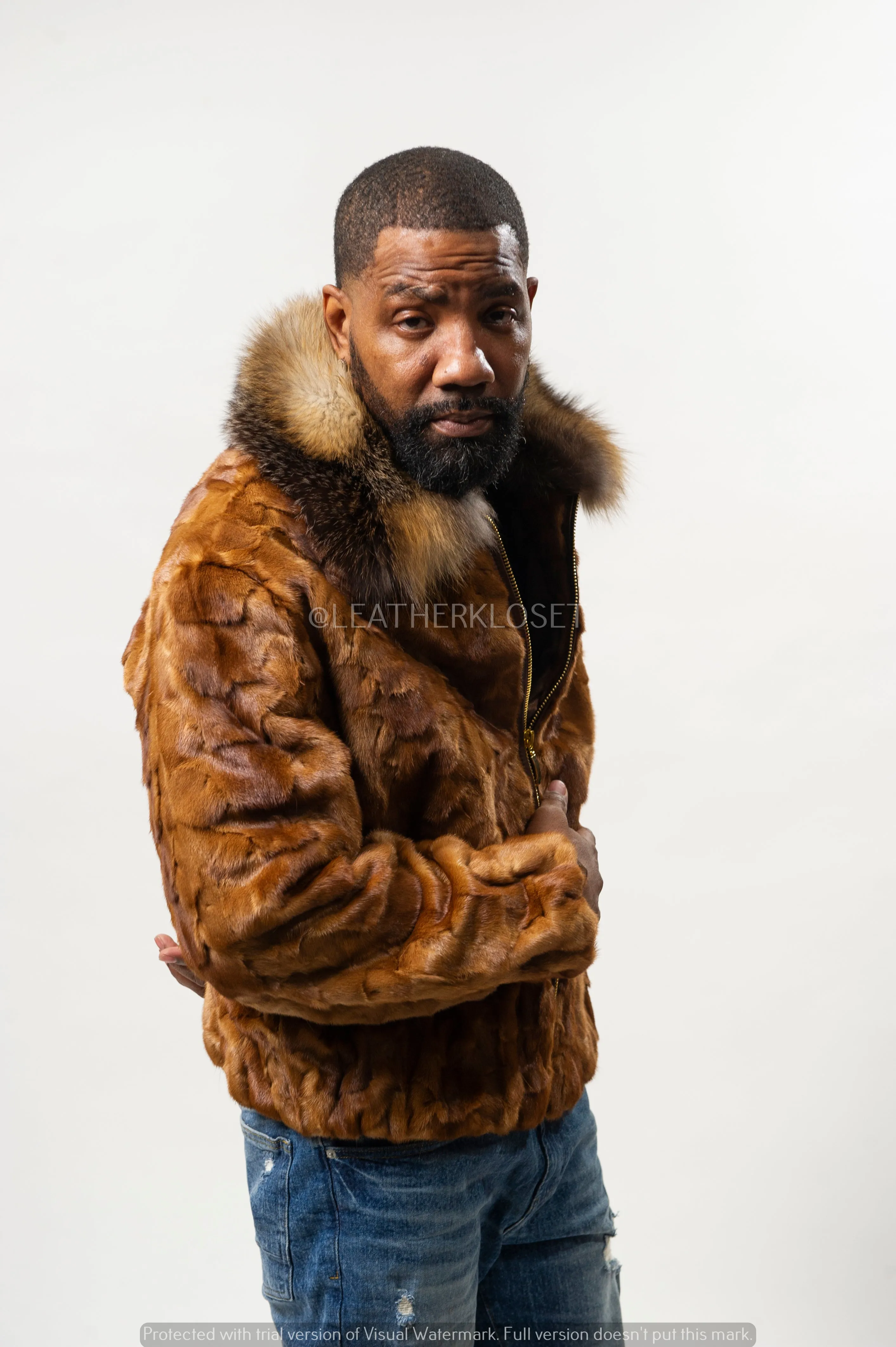 Men's Mink with Fox Fur Bomber Jacket [Whiskey]
