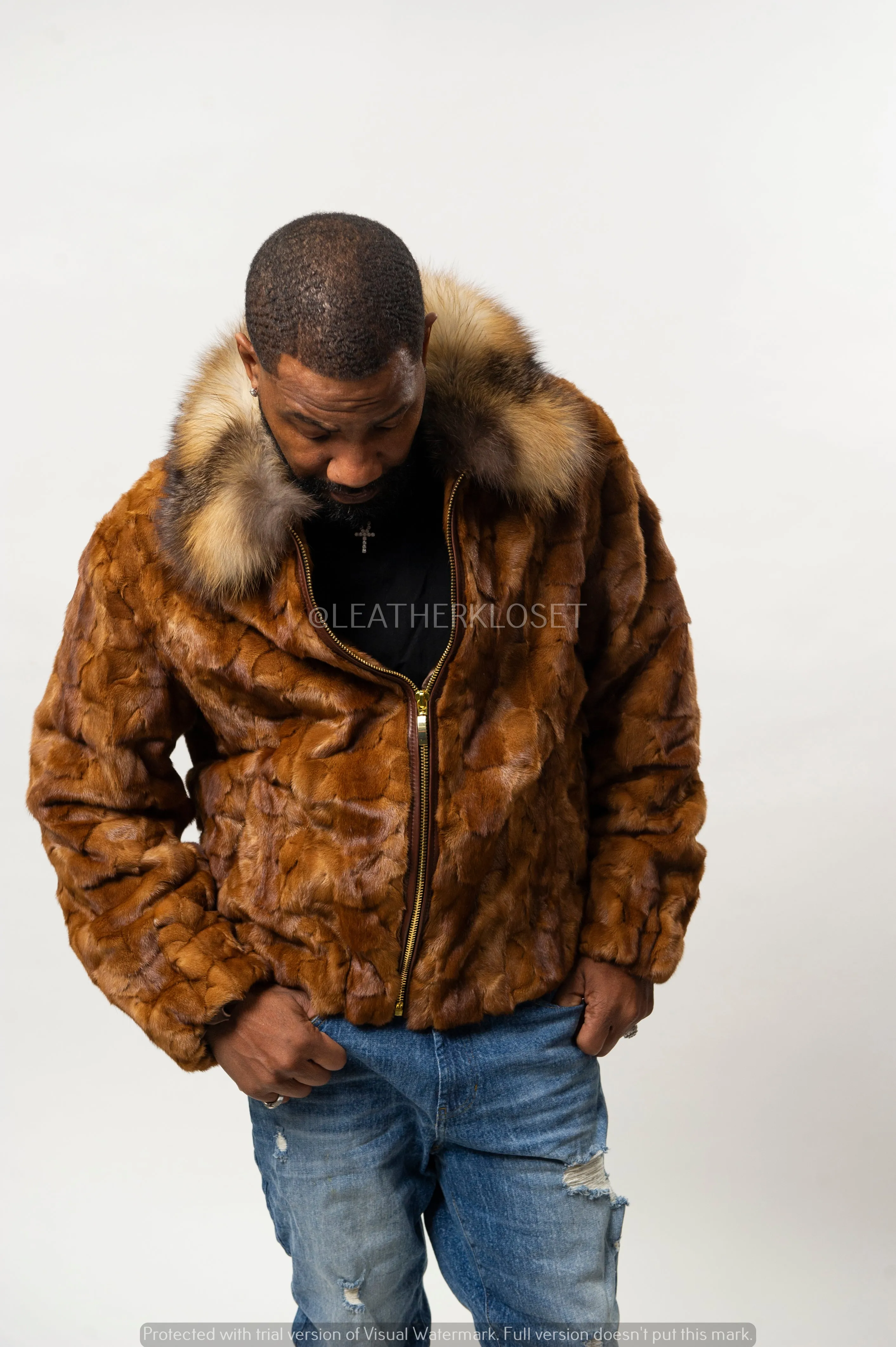 Men's Mink with Fox Fur Bomber Jacket [Whiskey]