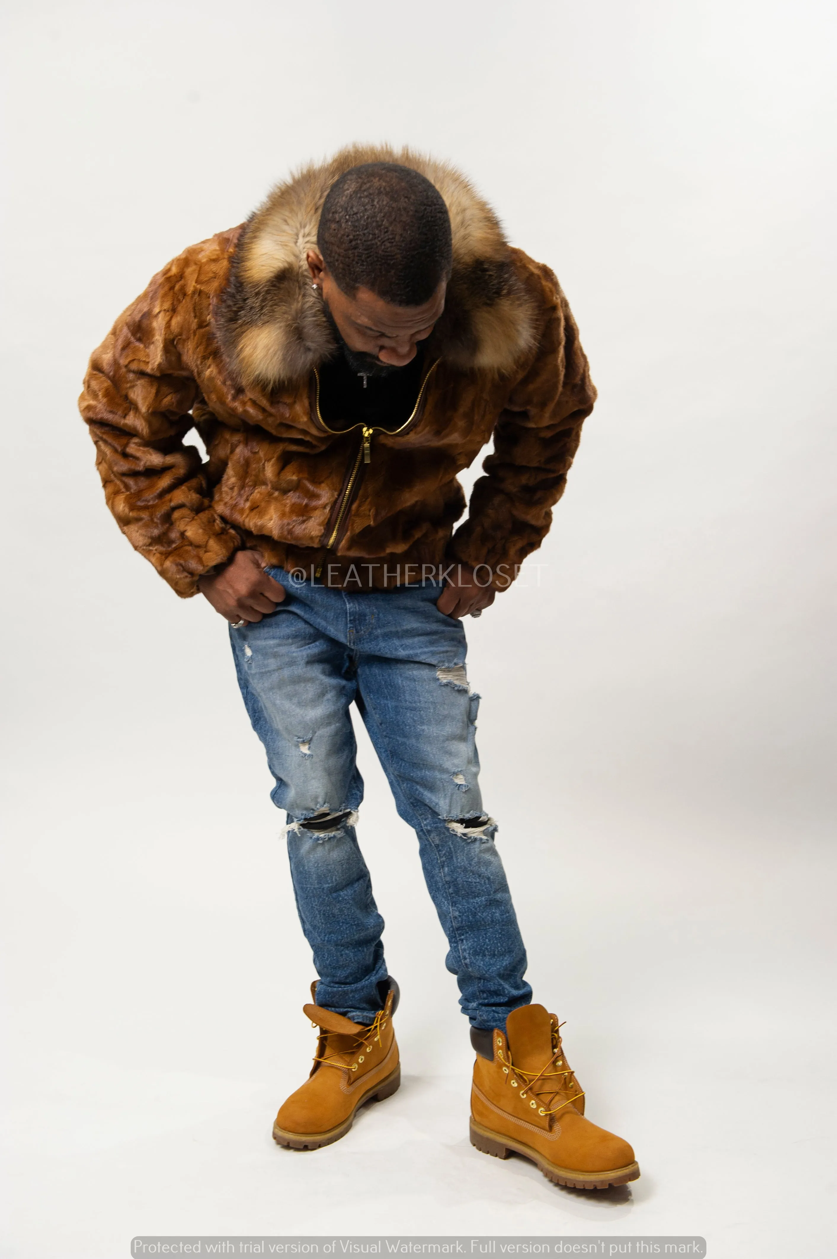 Men's Mink with Fox Fur Bomber Jacket [Whiskey]