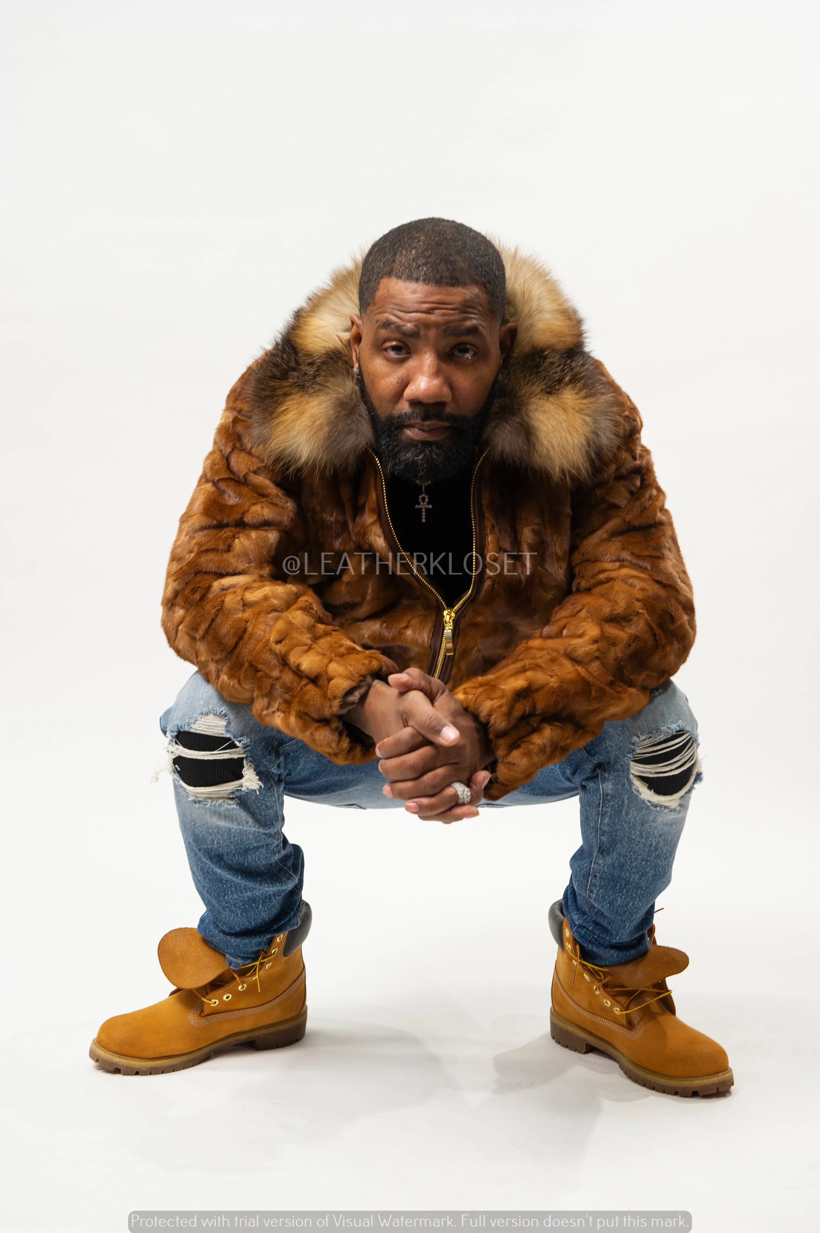 Men's Mink with Fox Fur Bomber Jacket [Whiskey]
