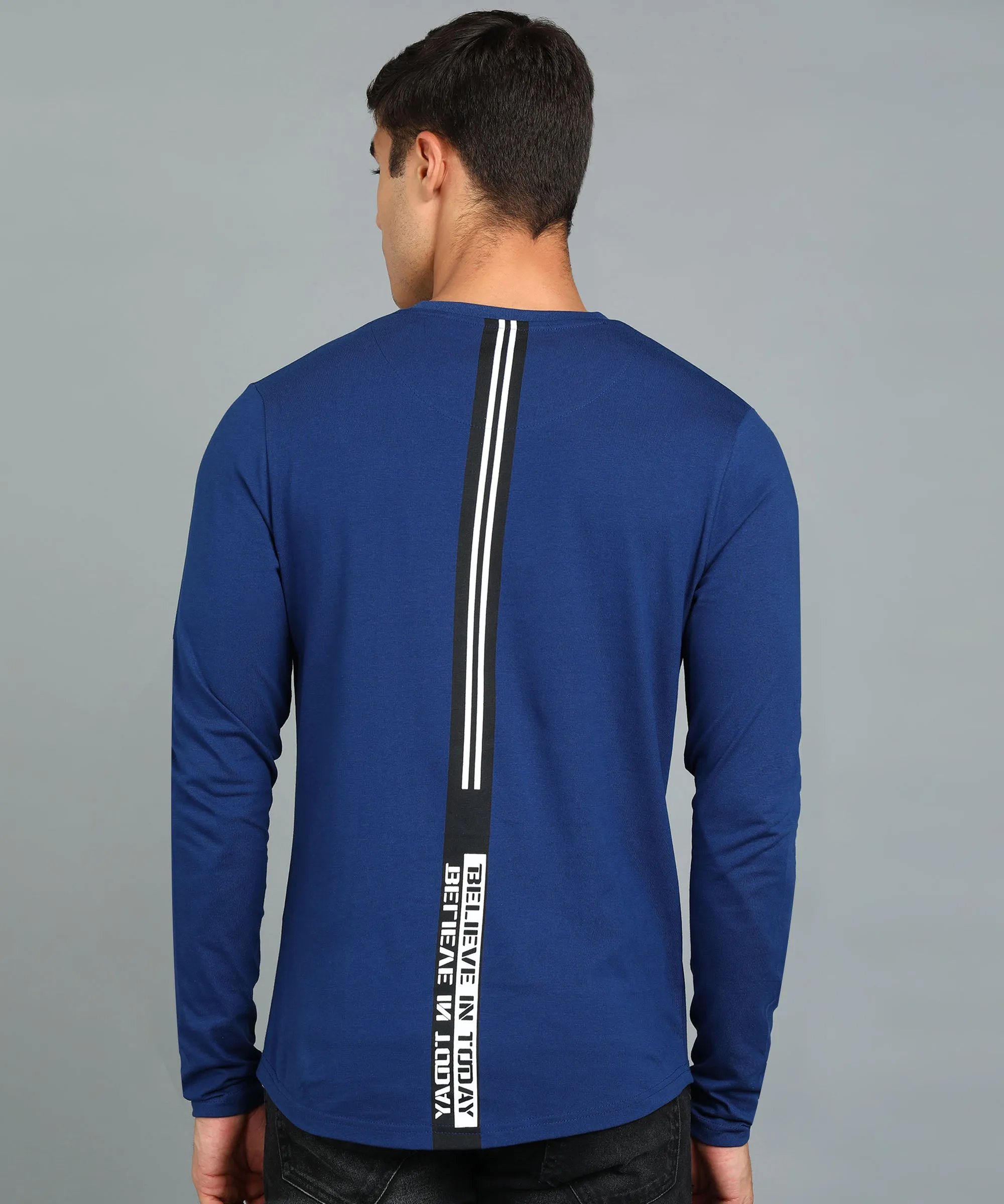 Men's Printed Dark Blue Round Neck Full Sleeve Slim Fit Cotton T-Shirt