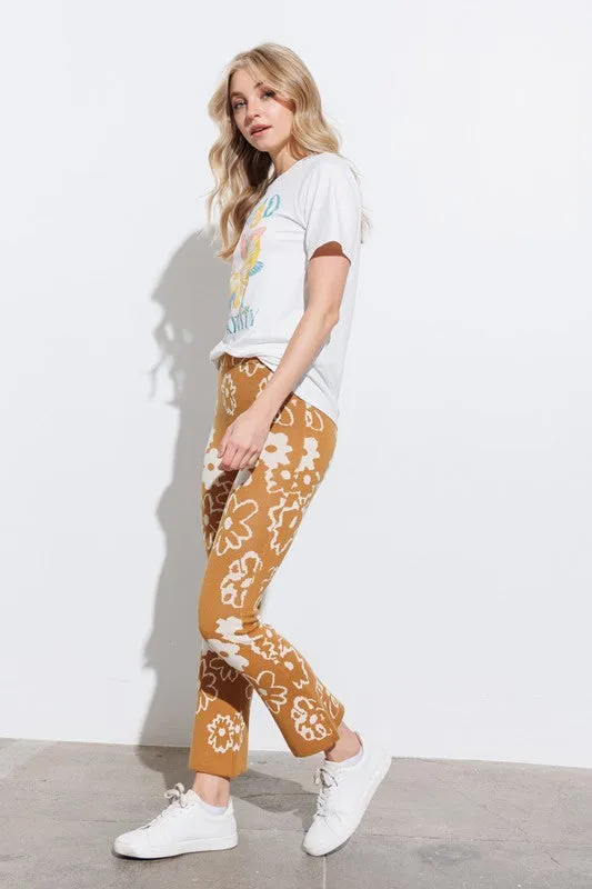 Mustard Daisy Print Sweater Knit Pants