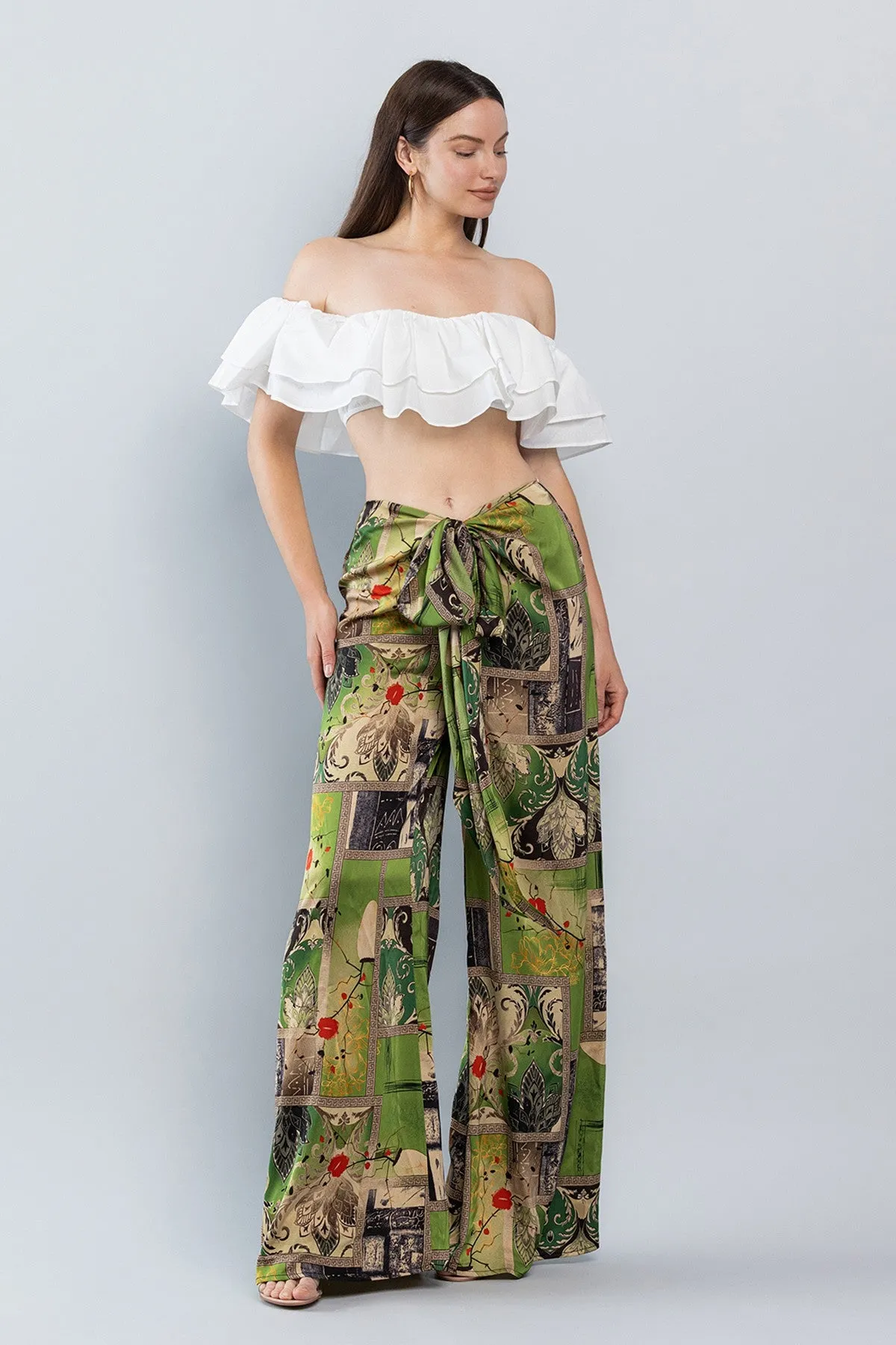 Olive Oriental Mood Print Wide Satin Pants